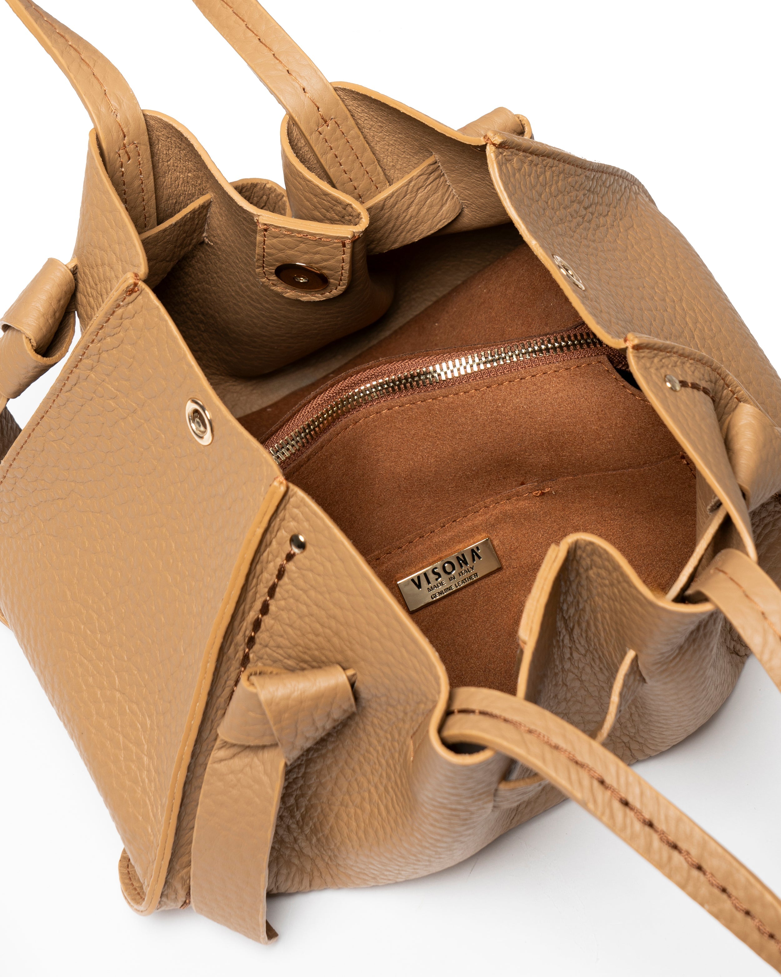 Plinio Visona Queen Small Top Handle Tassel Tote Tan - Big Bag NY