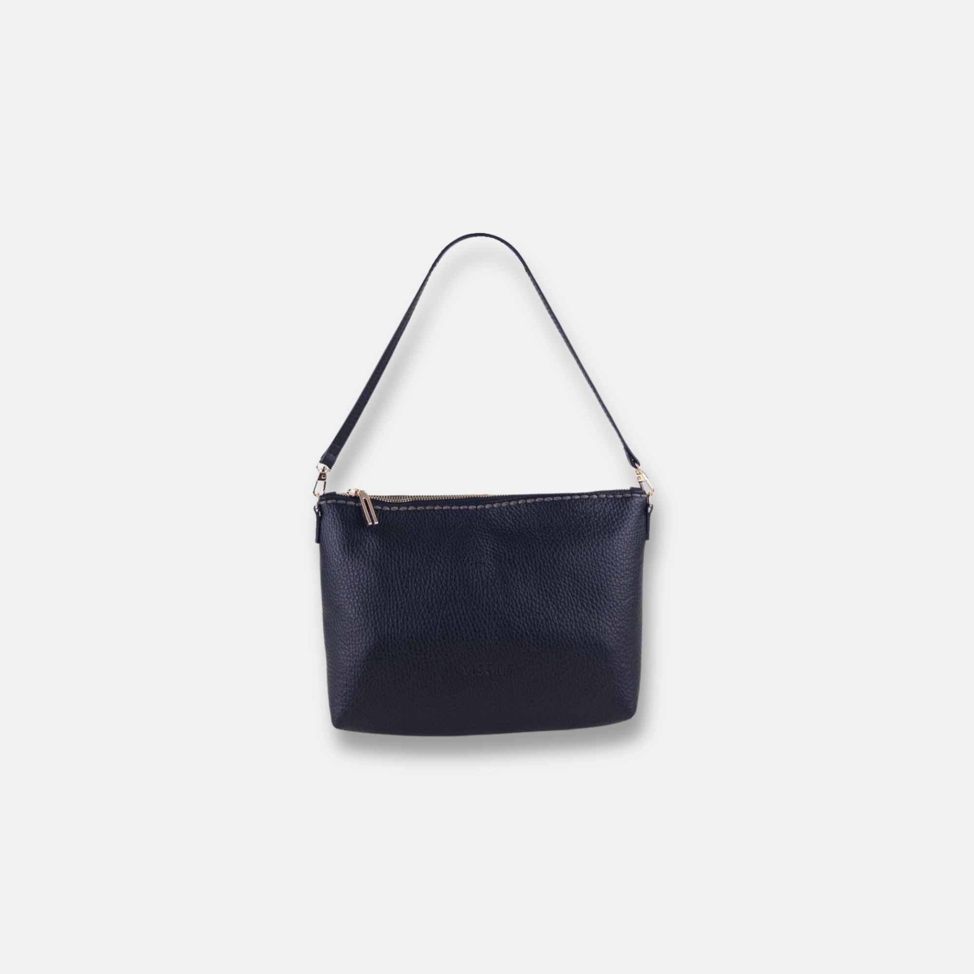 Plinio Visona Basic Zip Shoulder in Leather in Black - Big Bag NY