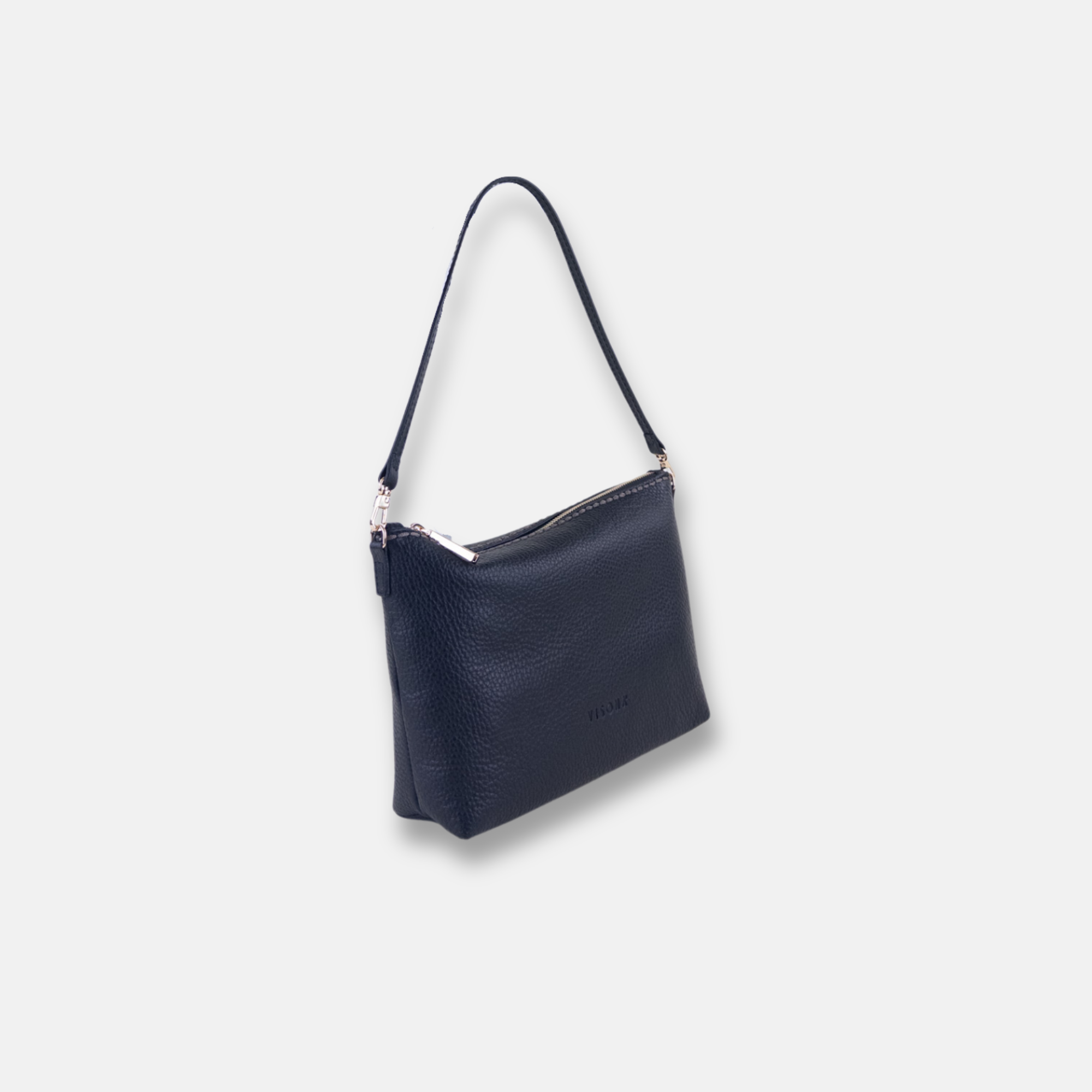 Plinio Visona Basic Zip Shoulder in Leather in Black - Big Bag NY