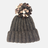 Sequin Pom Pom Ribbed Knit Beanie