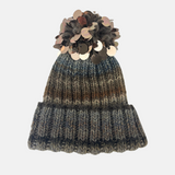 Sequin Striped Pom Pom Ribbed Knit Beanie