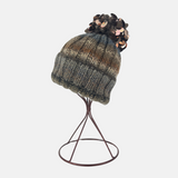 Sequin Striped Pom Pom Ribbed Knit Beanie