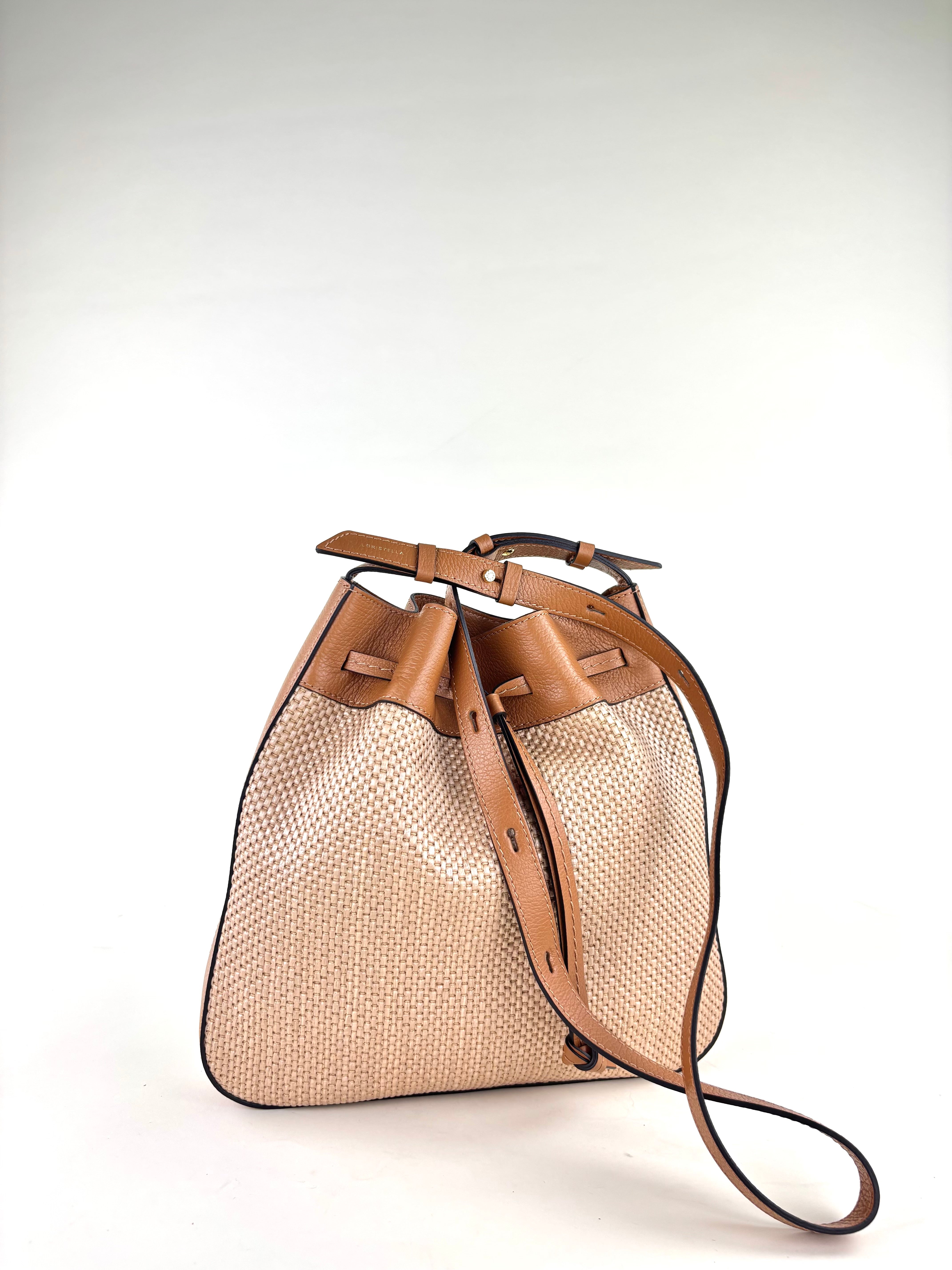 LORISTELLA Zoe Raffia and Leather Draw-String Tote Cuoio - Big Bag NY