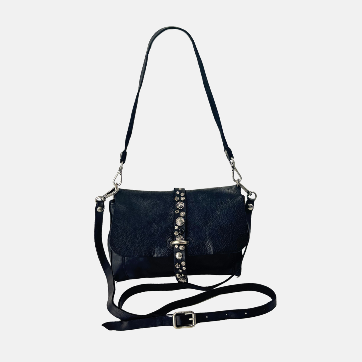 Campomaggi ELGA Studded Medium Flap Shoulder Bag in Black - Big Bag NY
