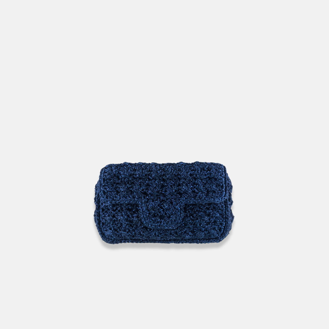 Caterina Bertini Medium Crochet Flapover Shoulder Bag in Metallic Navy - Big Bag NY