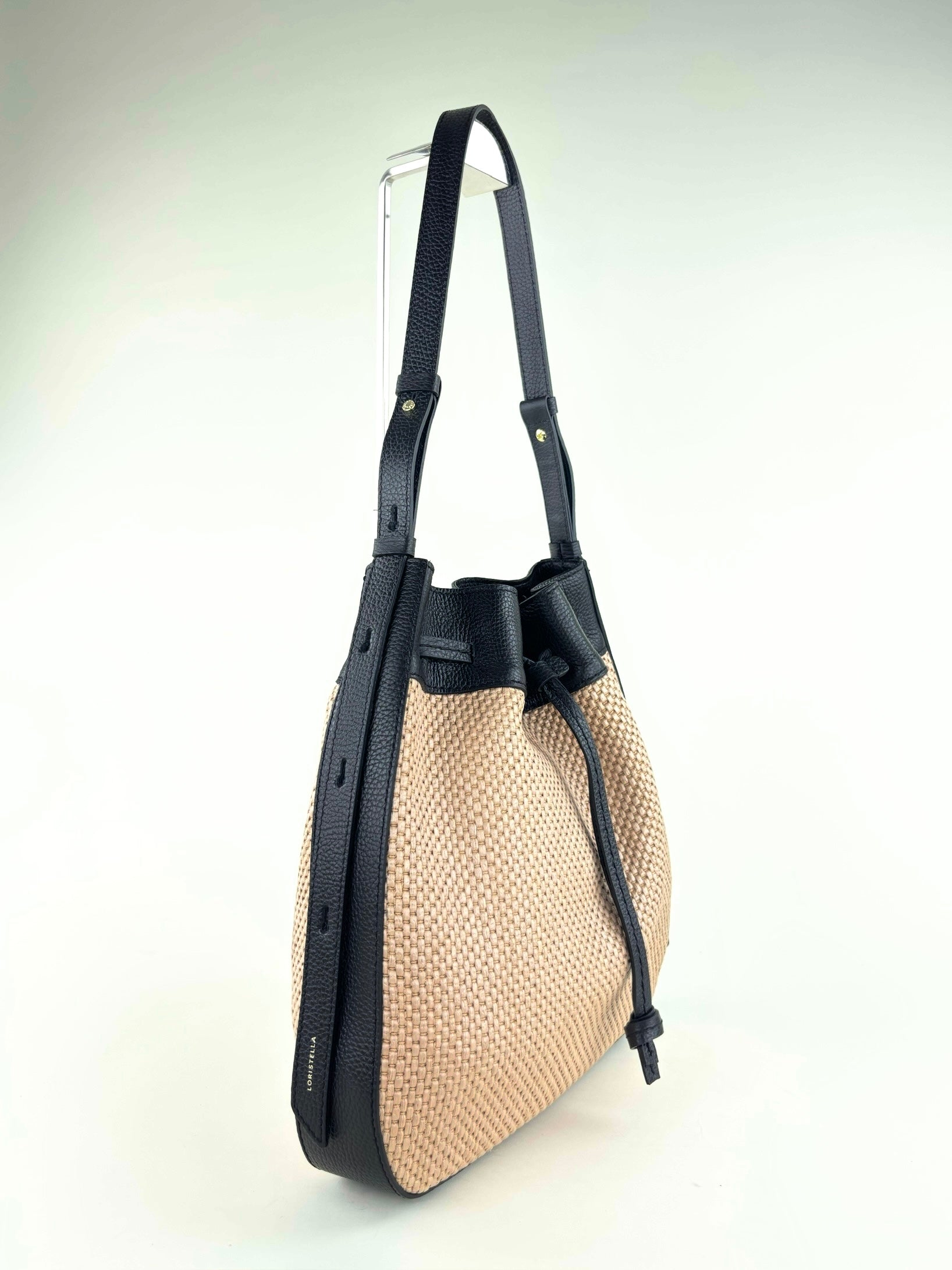 LORISTELLA Zoe Raffia and Leather Draw-String Tote Black - Big Bag NY