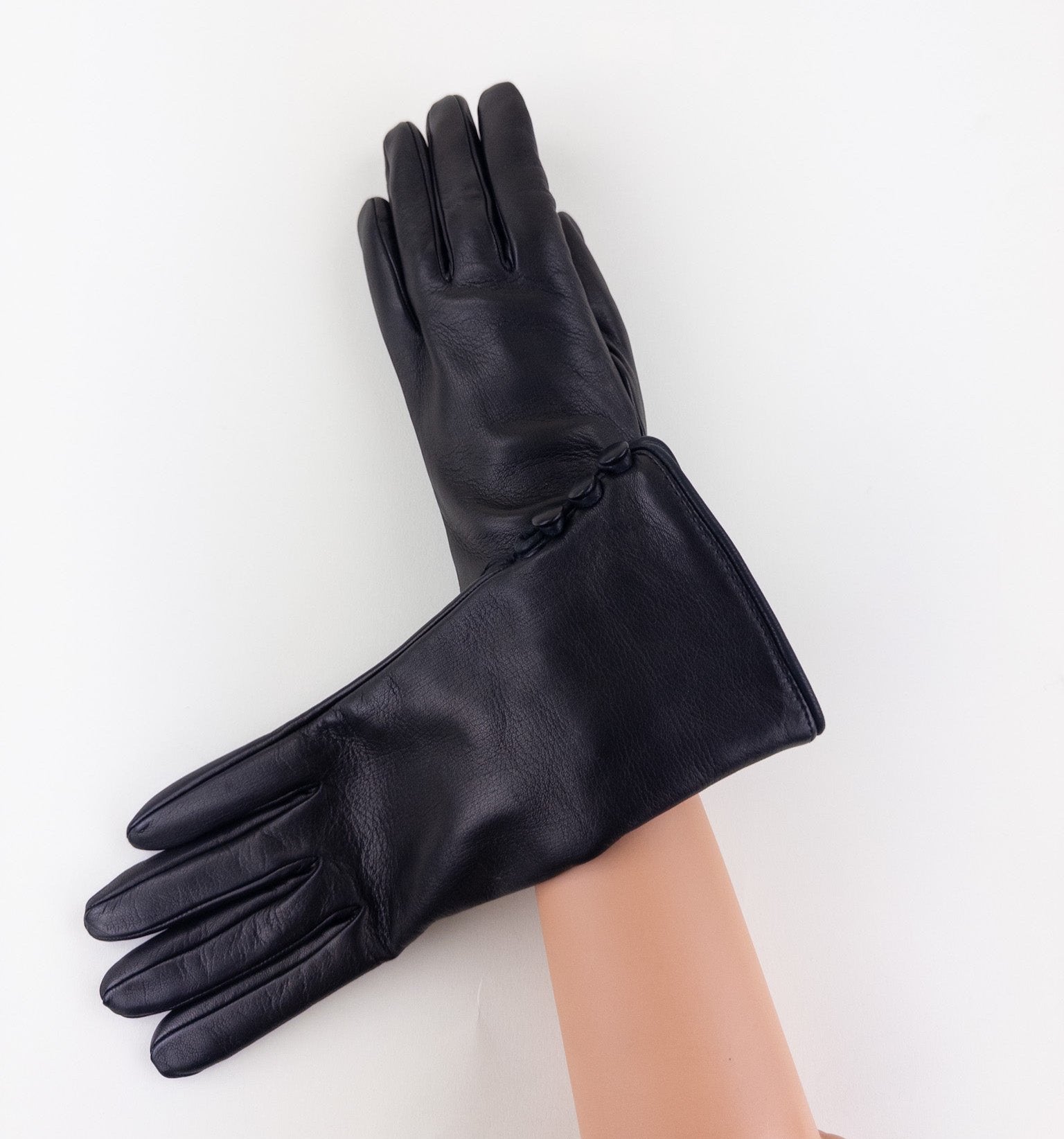 Gala 3 Button Leather Gloves with Cashmere Lining in Black - Big Bag NY