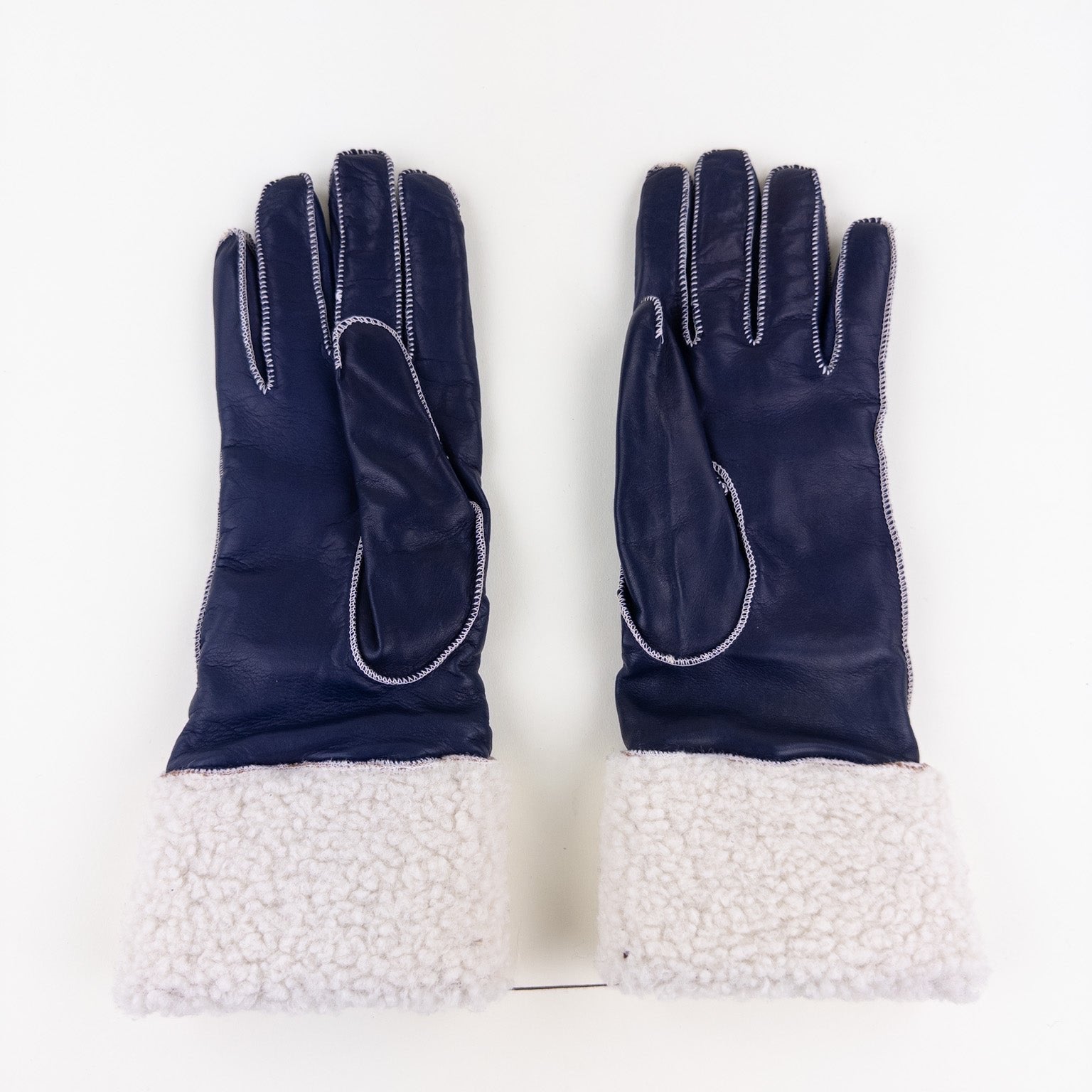 Artigiano Del Guanto Leather Glove with Contrast Shearling Cuff in Navy - Big Bag NY
