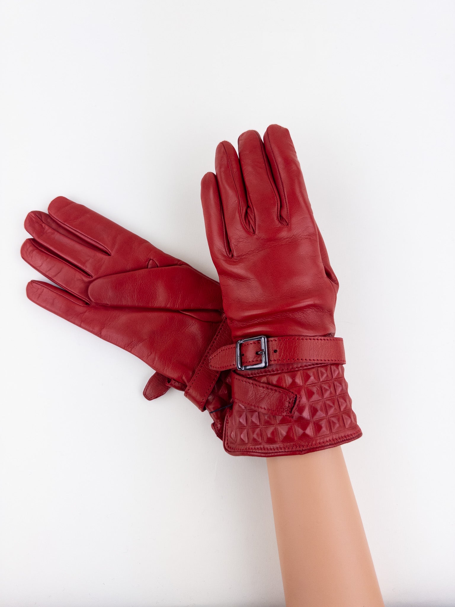 Artigiano Del Guanto Studded Leather Glove with Buckle in Red - Big Bag NY
