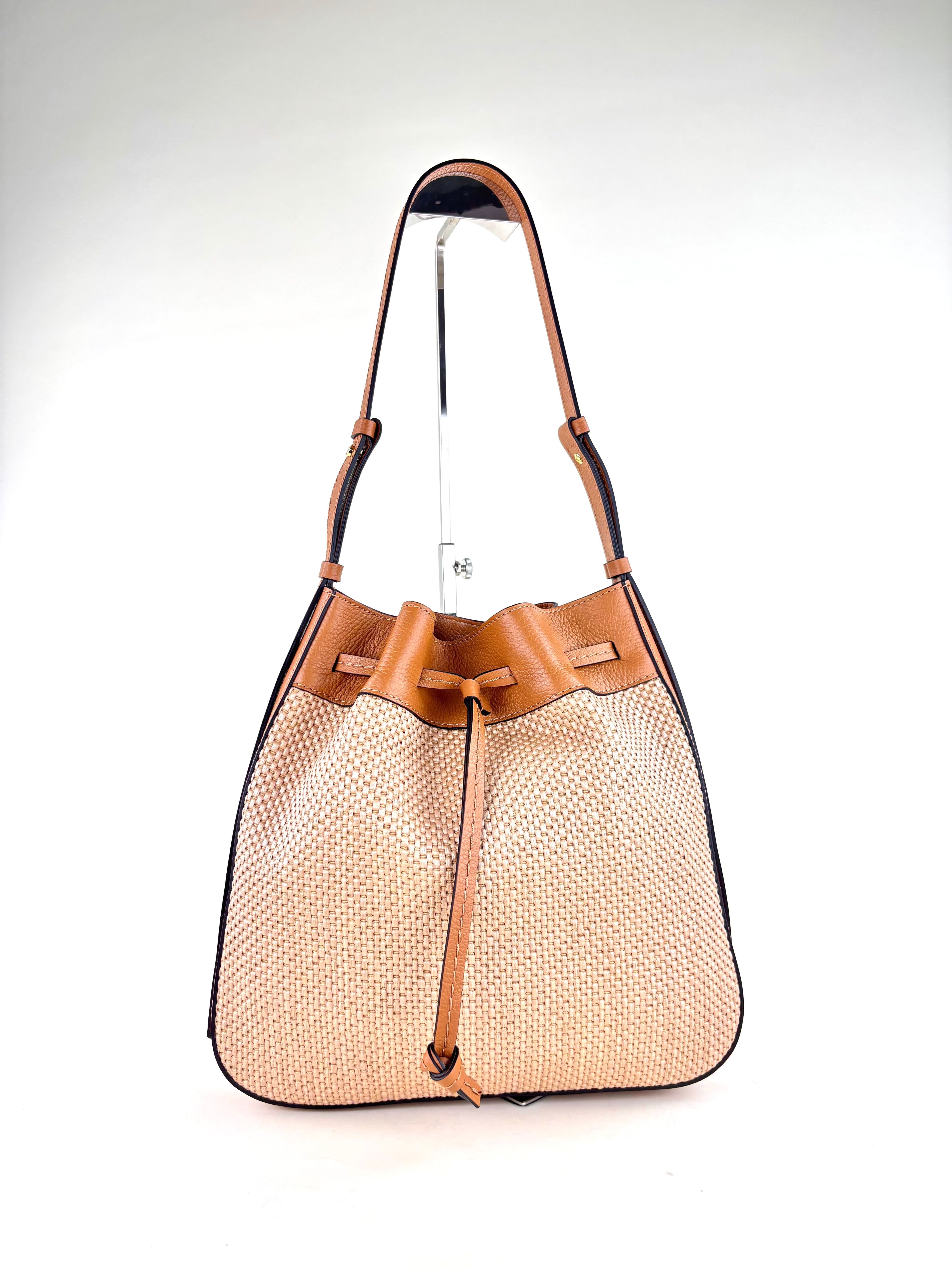 LORISTELLA Zoe Raffia and Leather Draw-String Tote Cuoio - Big Bag NY