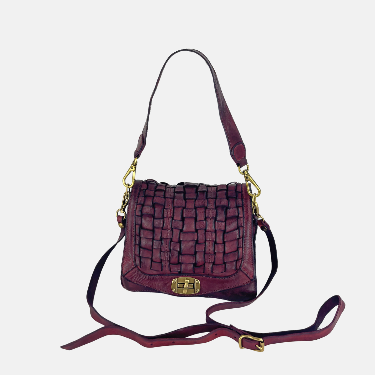Campomaggi PERLA Woven Flap Crossbody Bag in Burgundy Big Bag NY strap