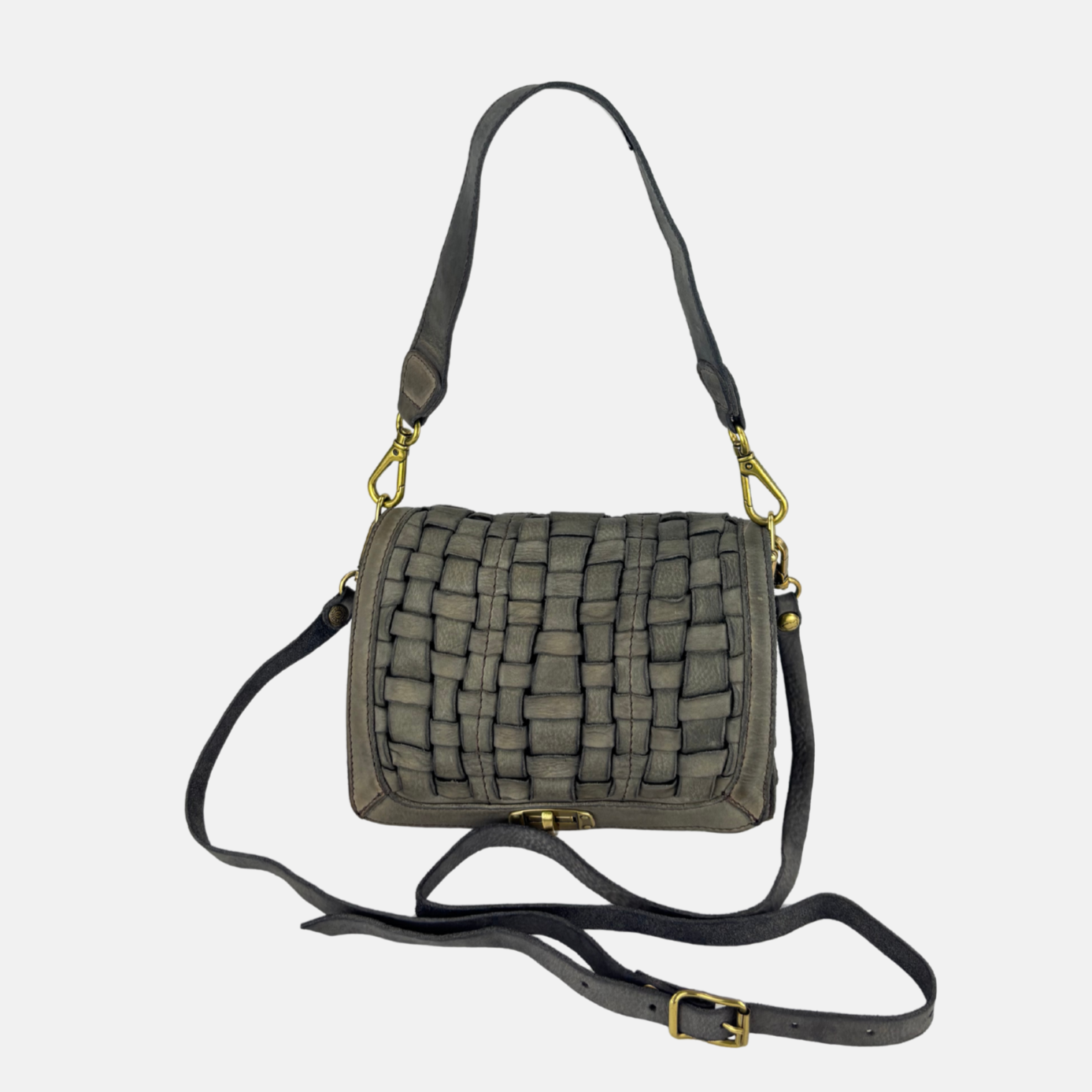 Campomaggi PERLA Woven Flap Crossbody Bag in Cement Grey Big Bag NY extra strap