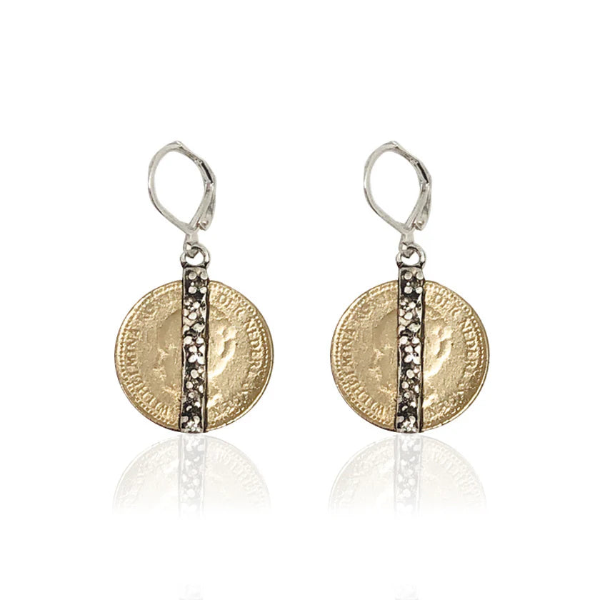 Tat2 Vintage Silver Mini Wilhelmina Coin and Crystal Bar Earrings - Big Bag NY