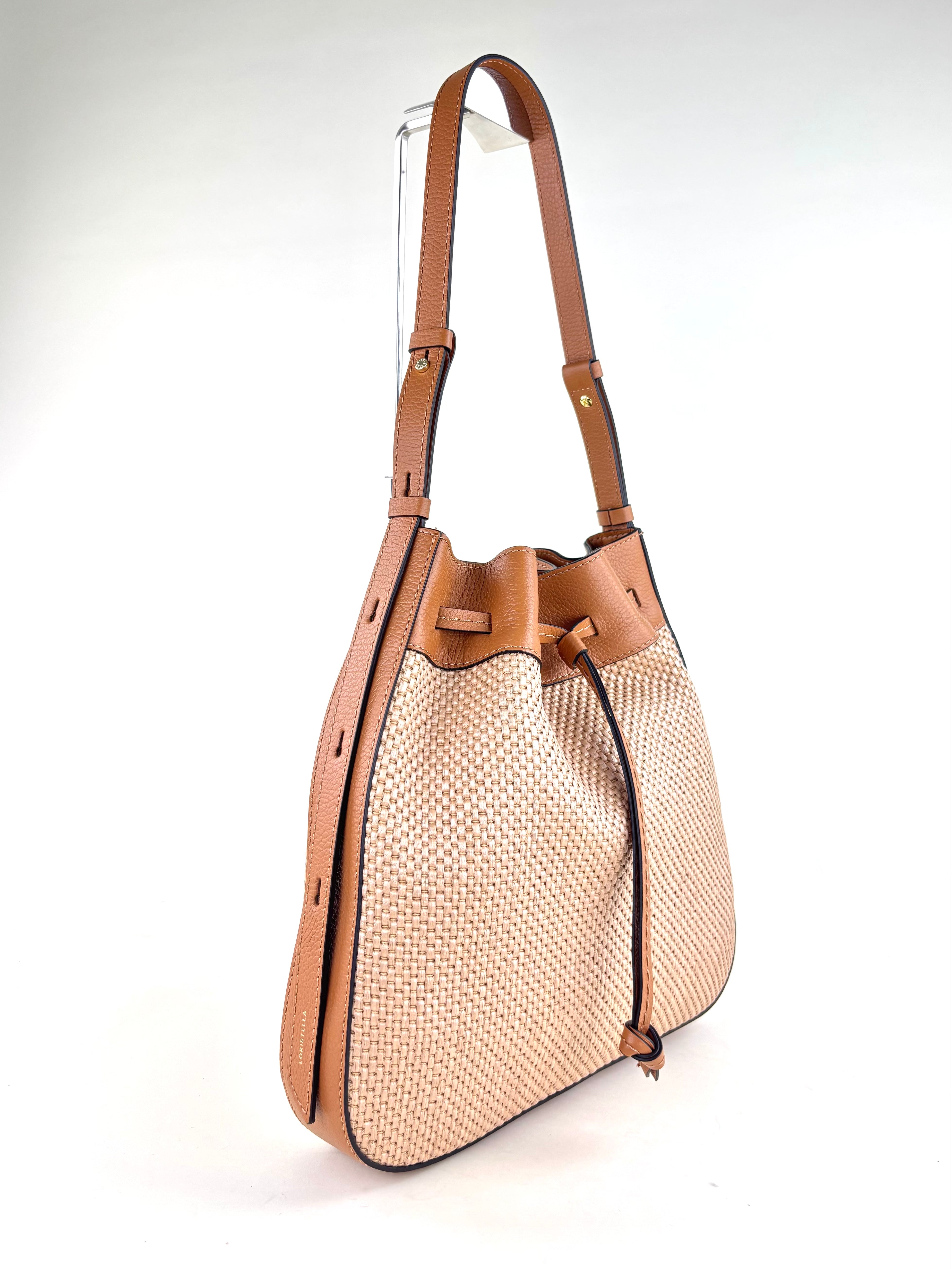 LORISTELLA Zoe Raffia and Leather Draw-String Tote Cuoio - Big Bag NY