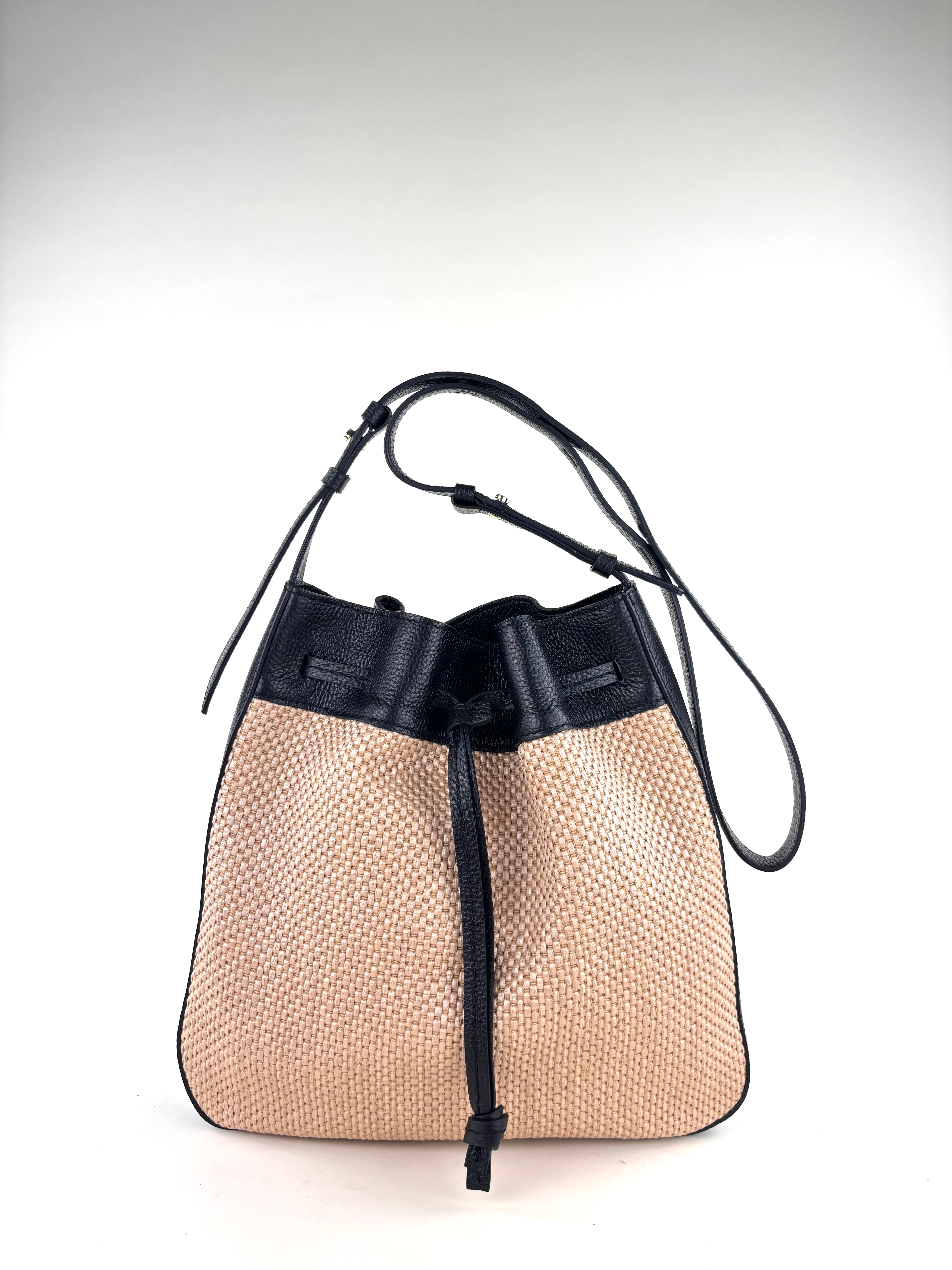 LORISTELLA Zoe Raffia and Leather Draw-String Tote Black - Big Bag NY