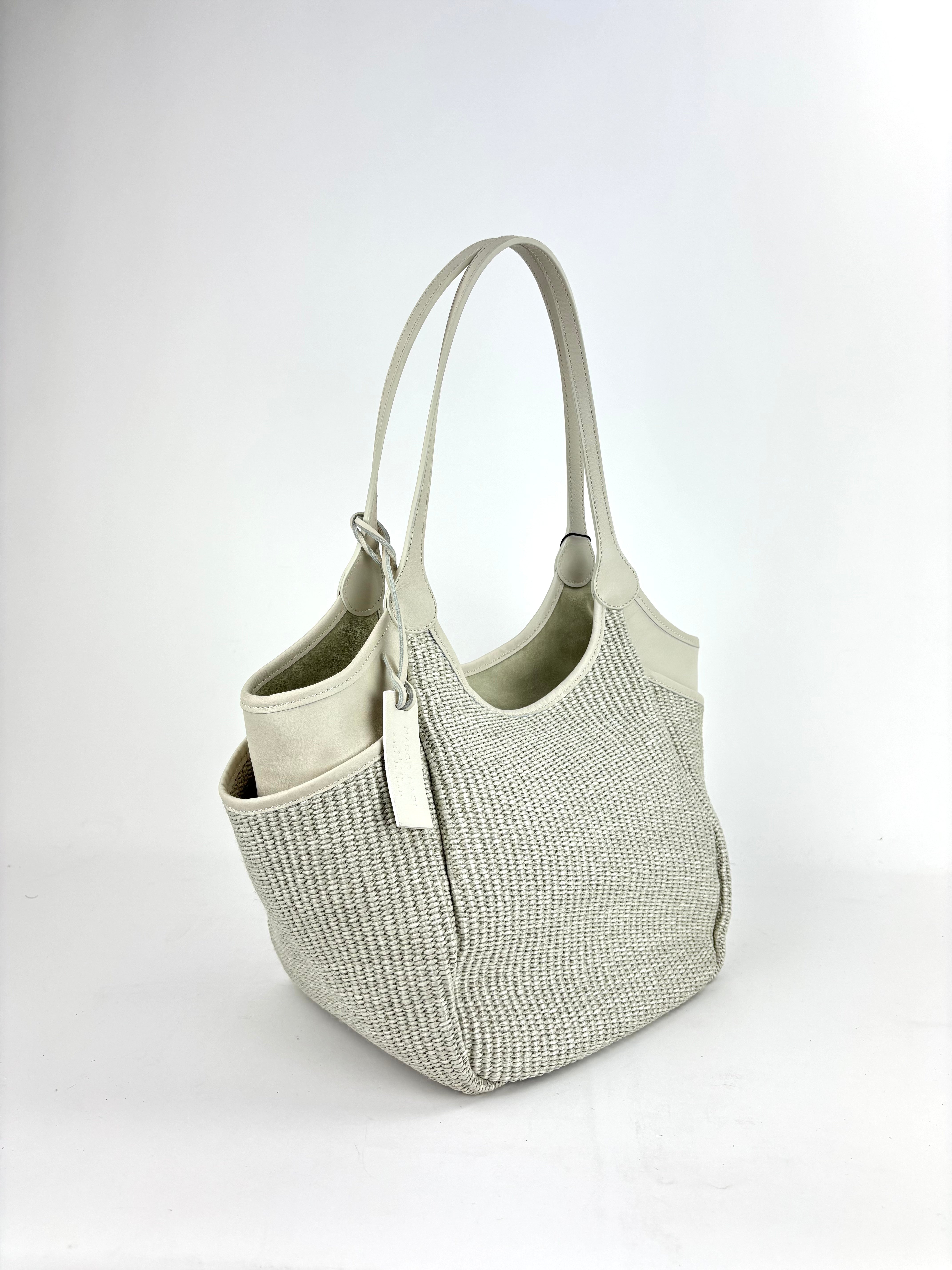 Marco Masi Small Raffia Zip Tote with Leather Side Pockets White - Big Bag NY
