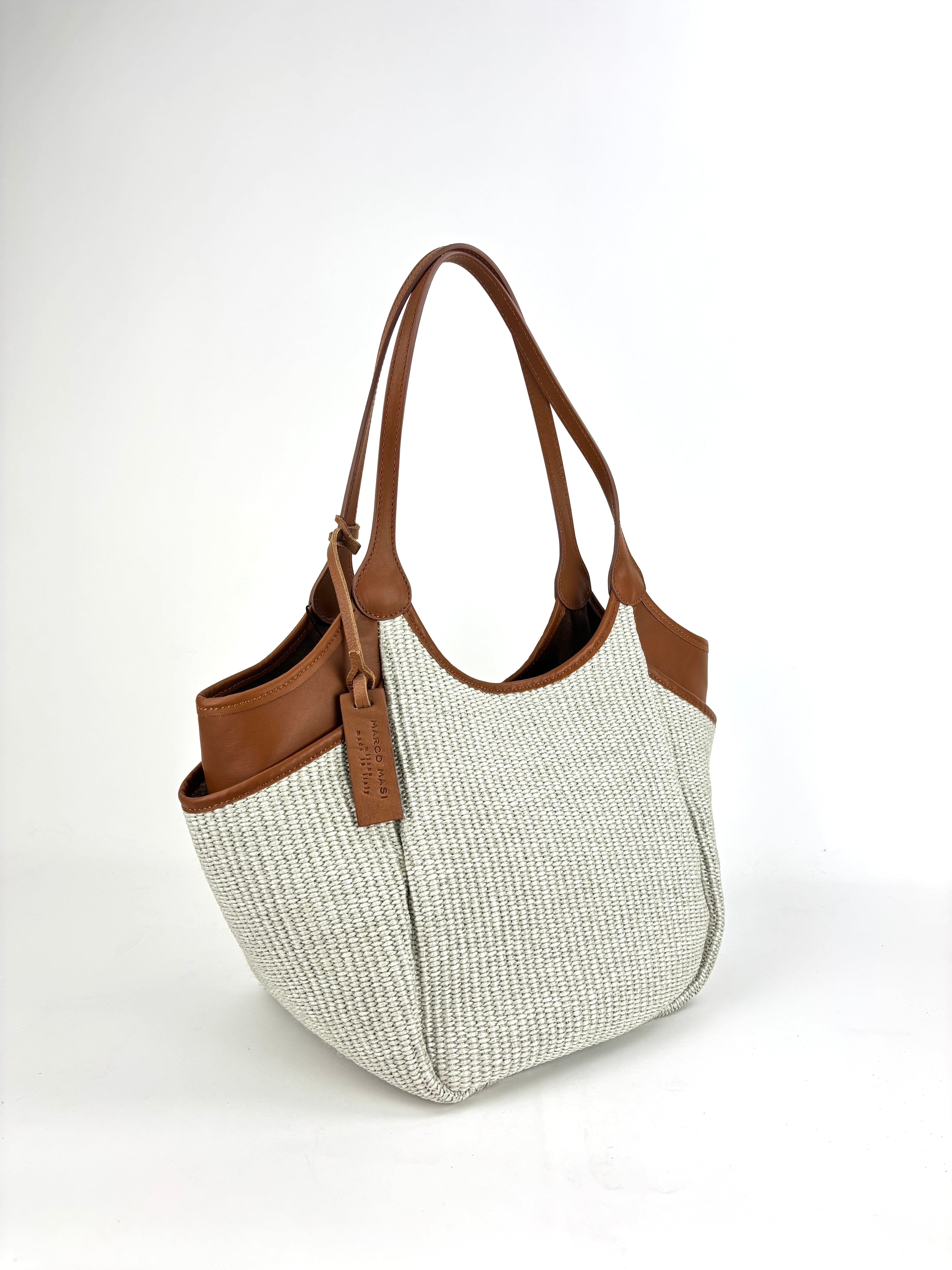 Marco Masi Small Raffia Zip Tote with Leather Side Pockets Tan - Big Bag NY