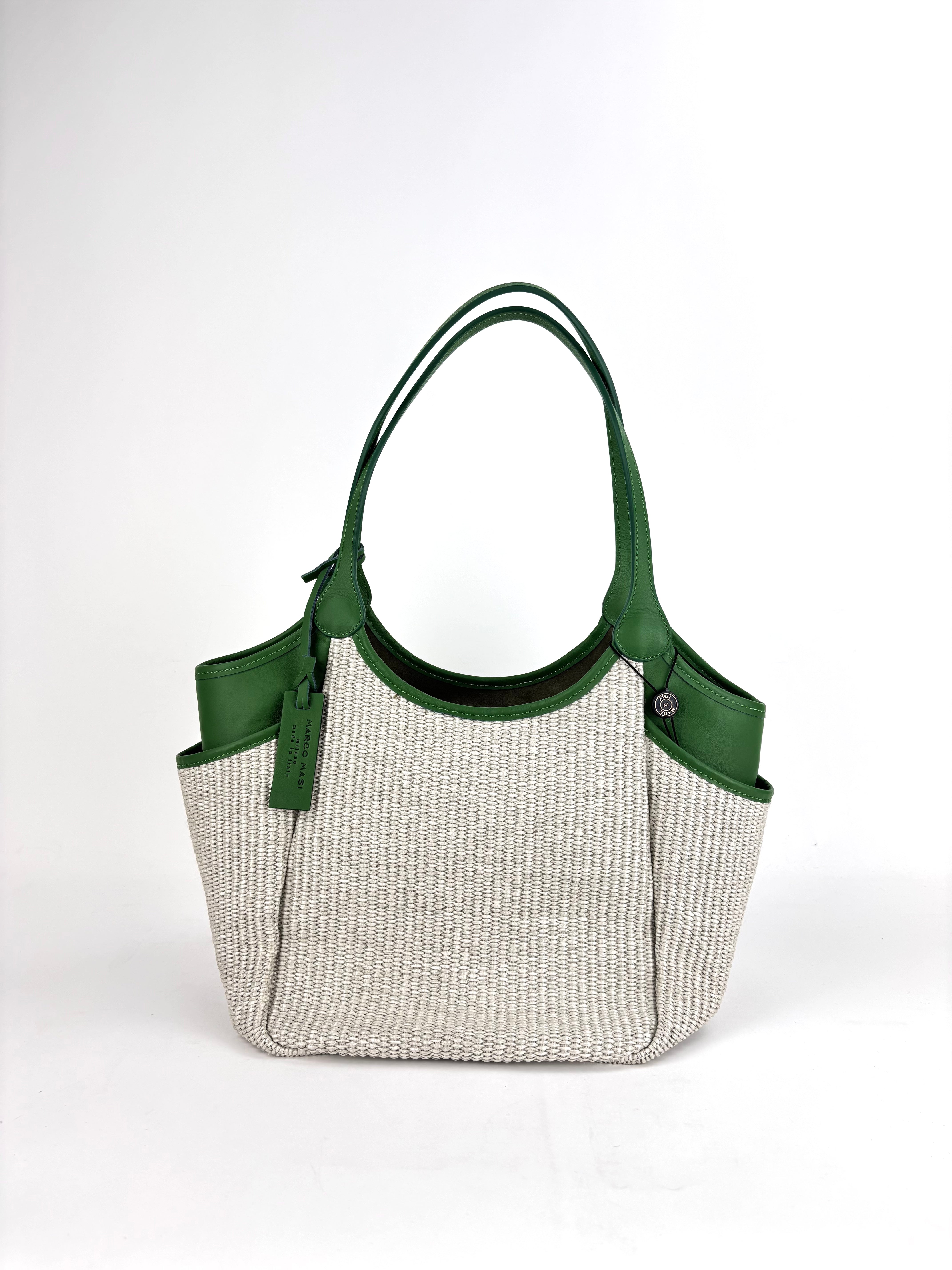 Marco Masi Small Raffia Zip Tote with Leather Side Pockets Green - Big Bag NY