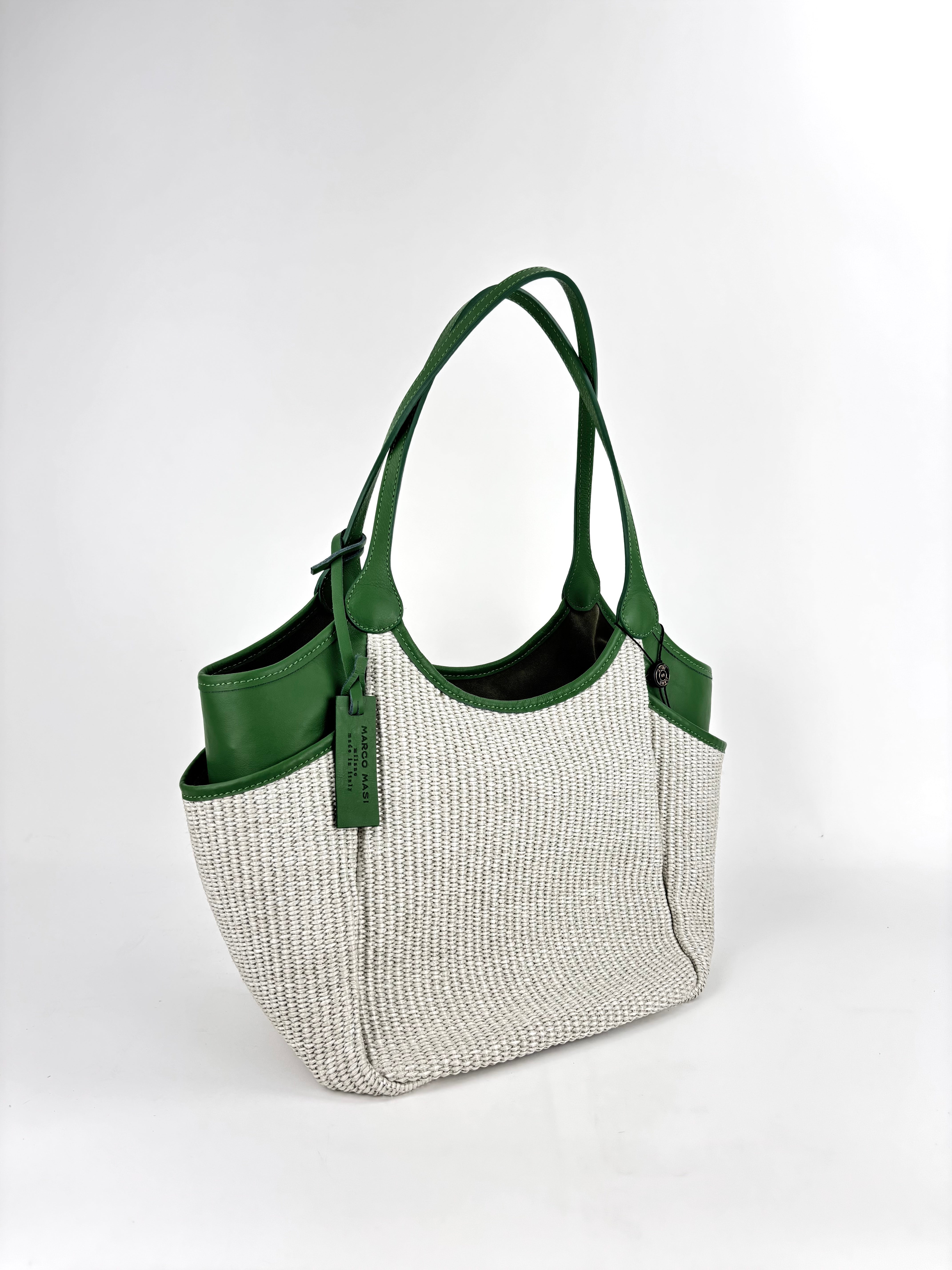 Marco Masi Small Raffia Zip Tote with Leather Side Pockets Green - Big Bag NY