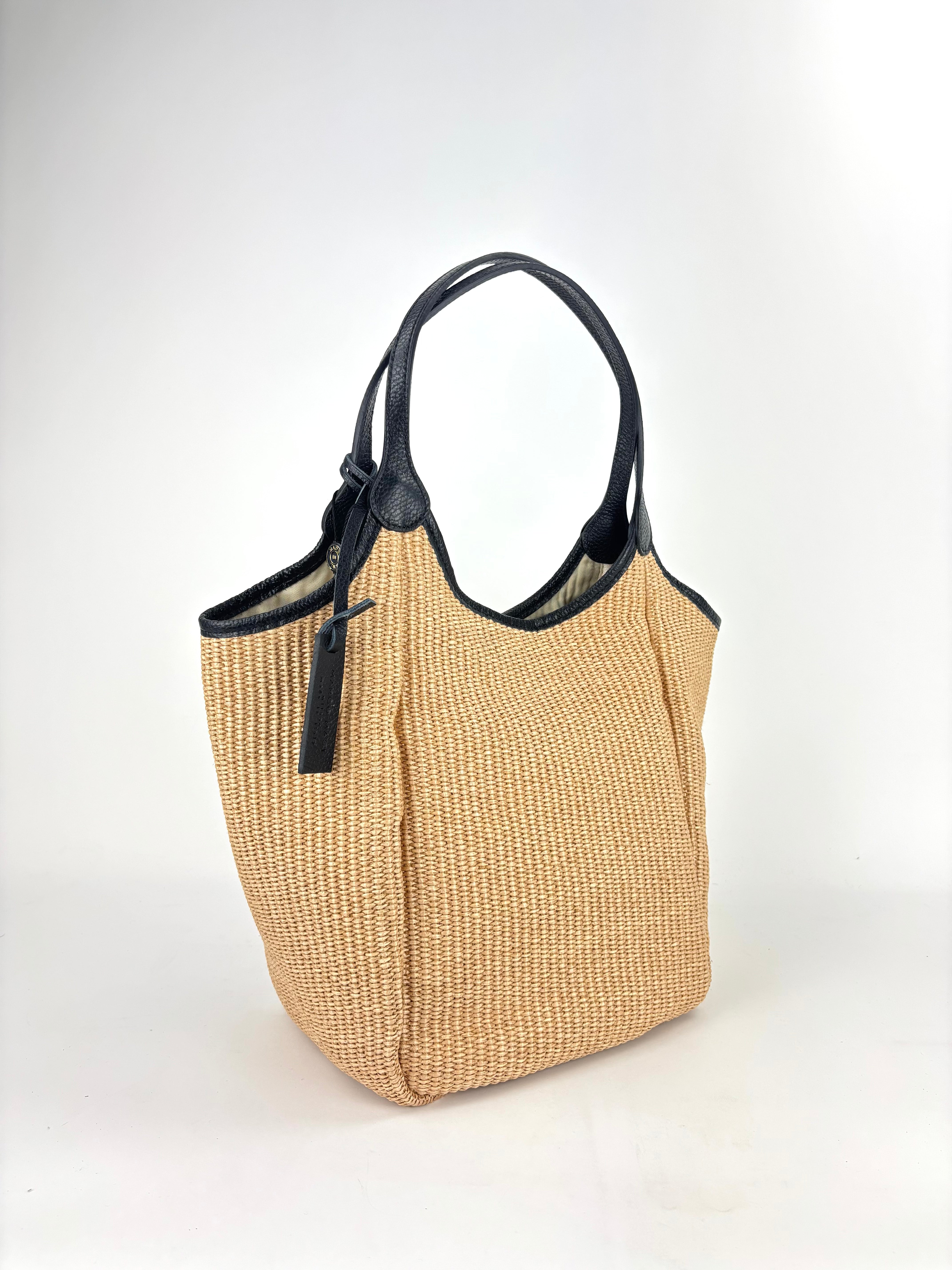Marco Masi Contrast Flap Pocket Raffia Tote Black - Big Bag NY