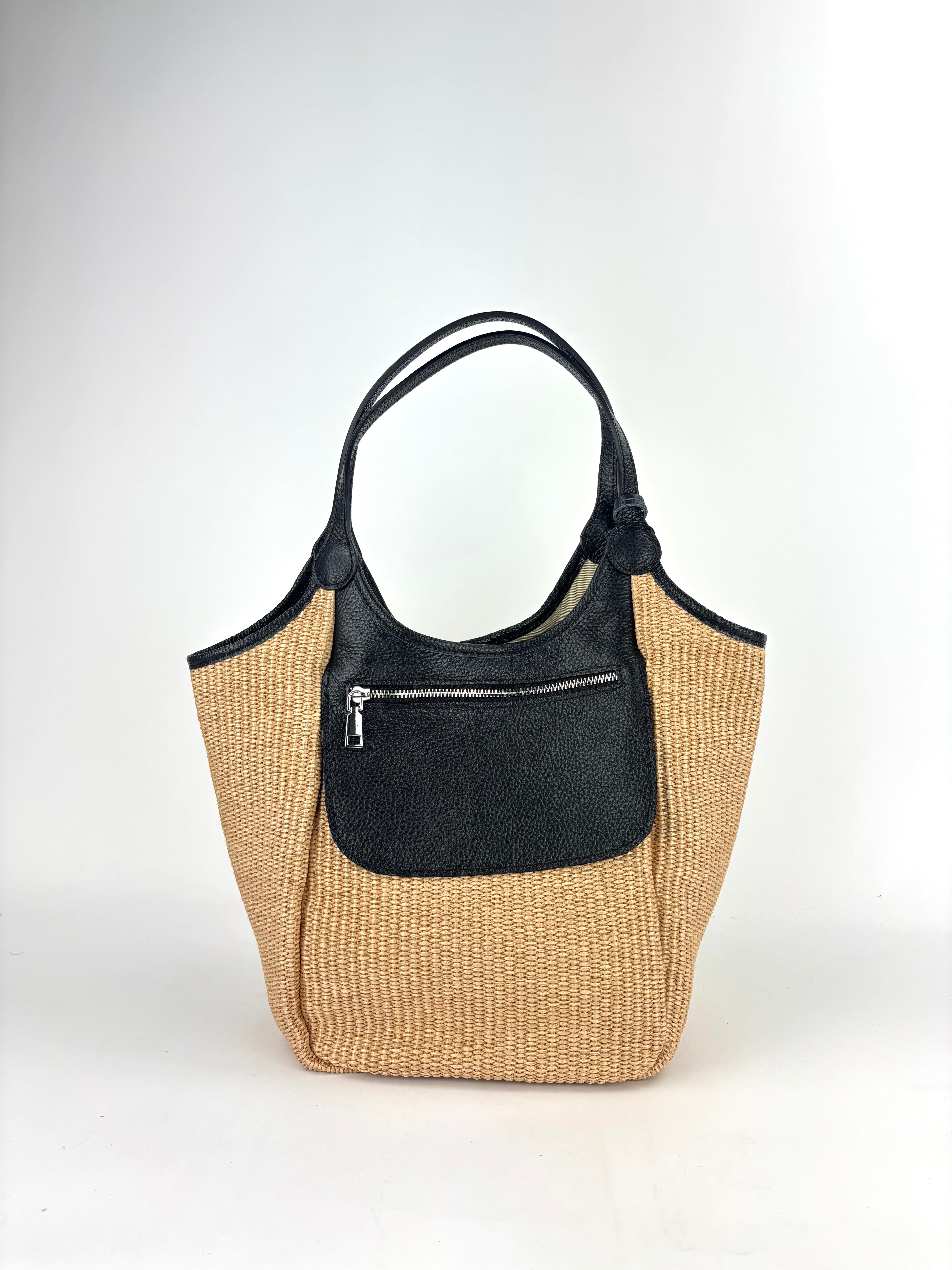 Marco Masi Contrast Flap Pocket Raffia Tote Black - Big Bag NY