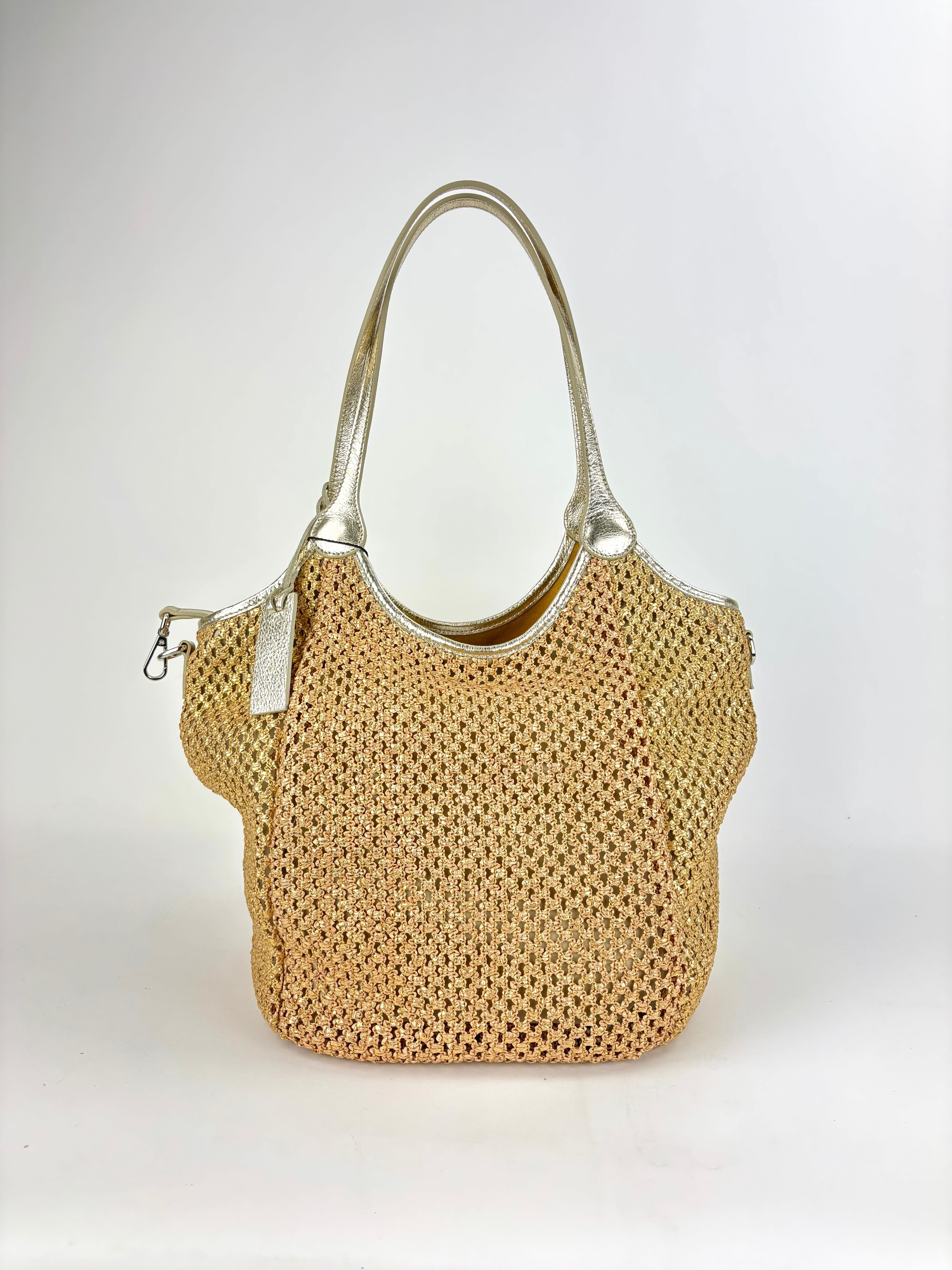 Marco Masi Metallic Gold Mesh Raffia Zip Shoulder Tote - Big Bag NY
