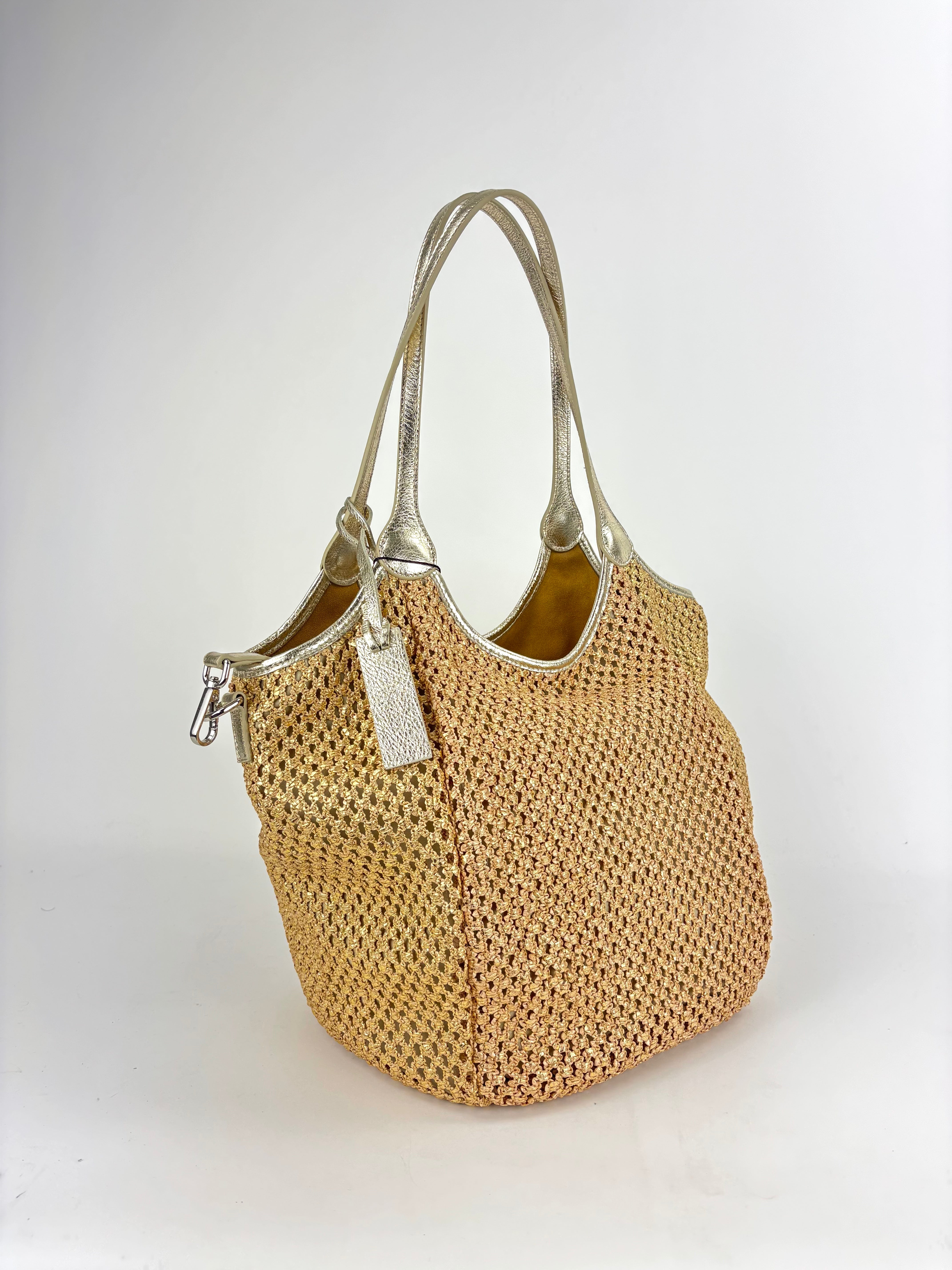 Marco Masi Metallic Gold Mesh Raffia Zip Shoulder Tote - Big Bag NY