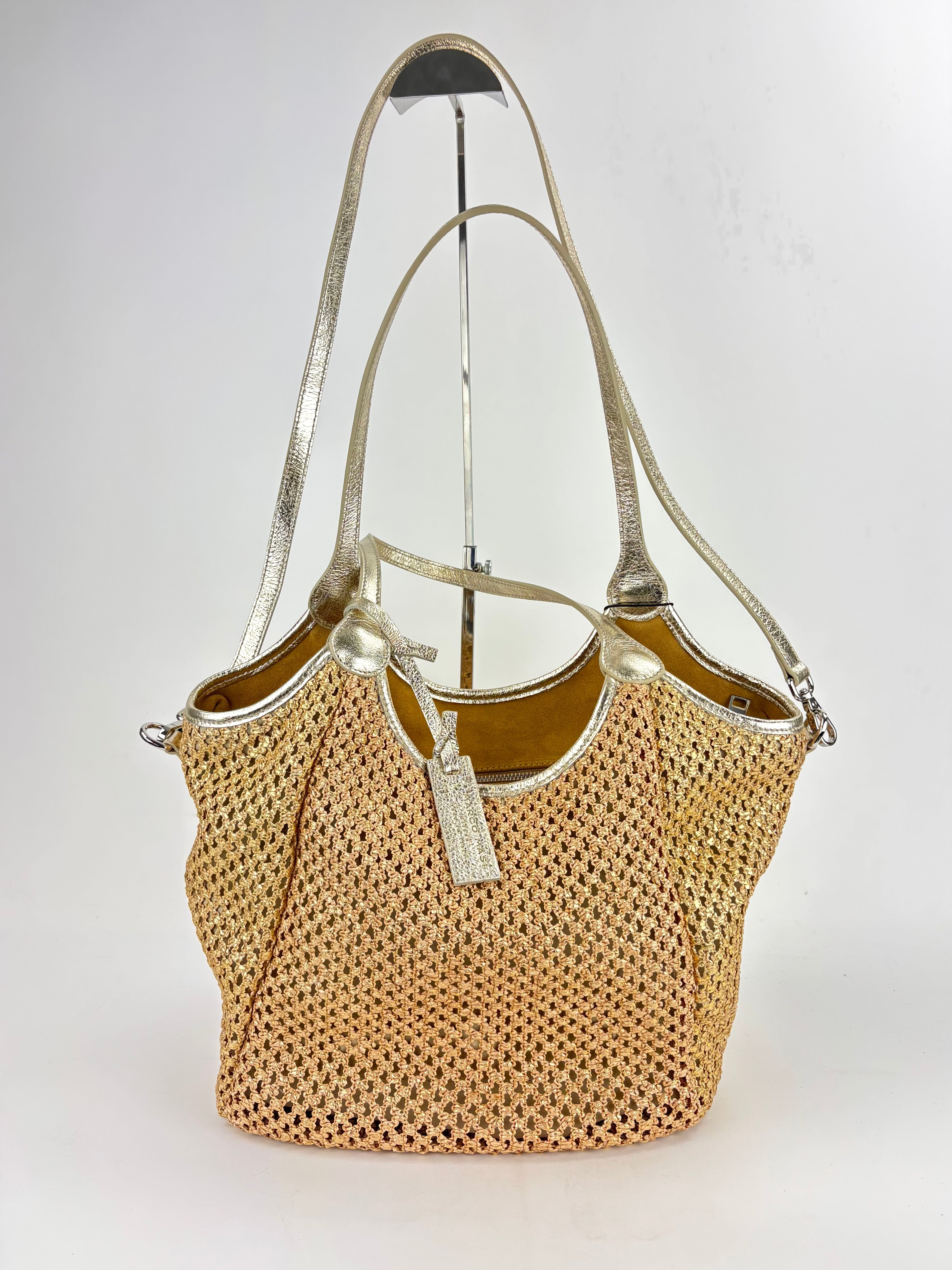 Marco Masi Metallic Gold Mesh Raffia Zip Shoulder Tote - Big Bag NY