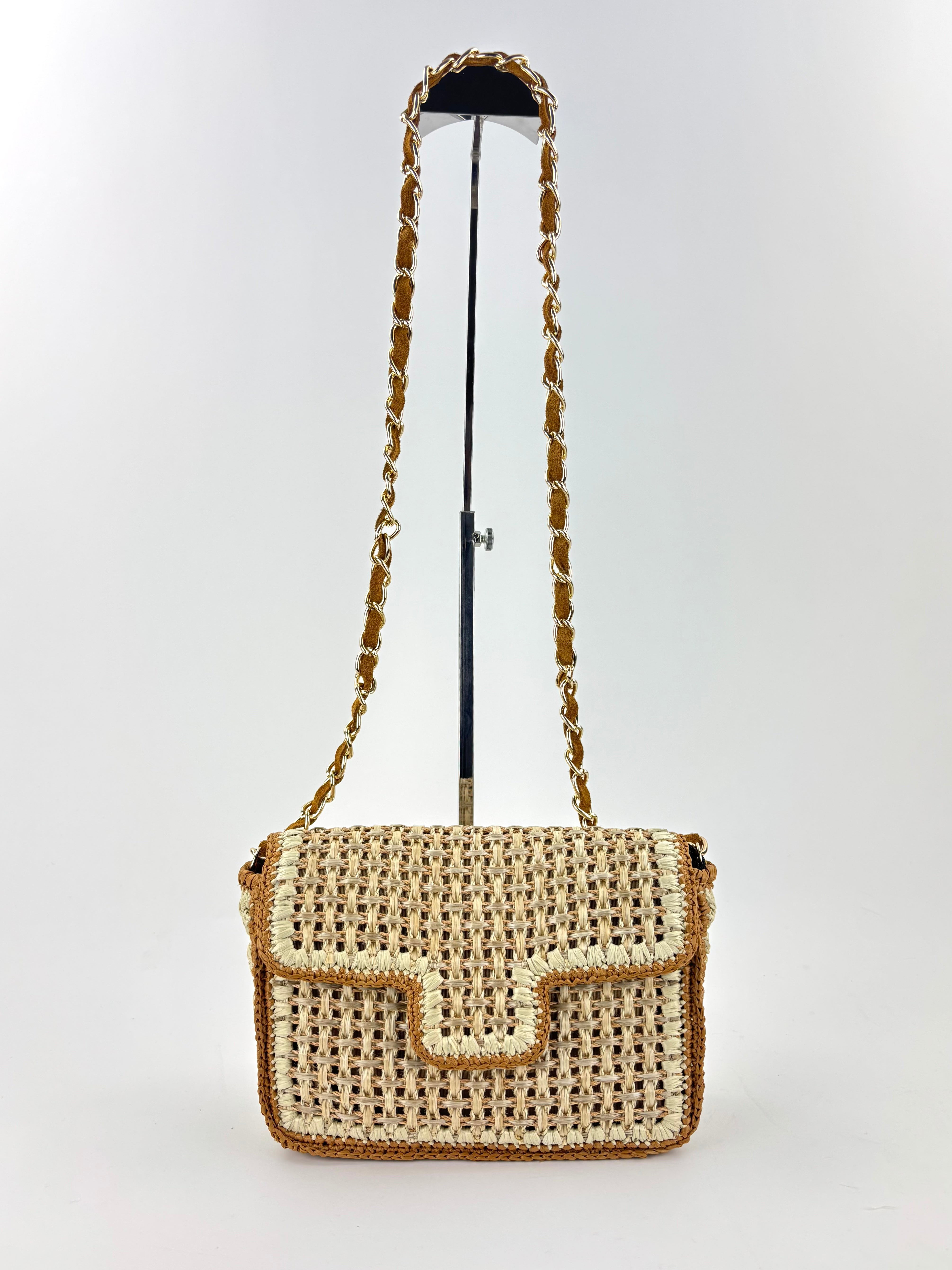 Straw Caning Flap Shoulder Bag in Beige and Tan Crochet - Big Bag NY