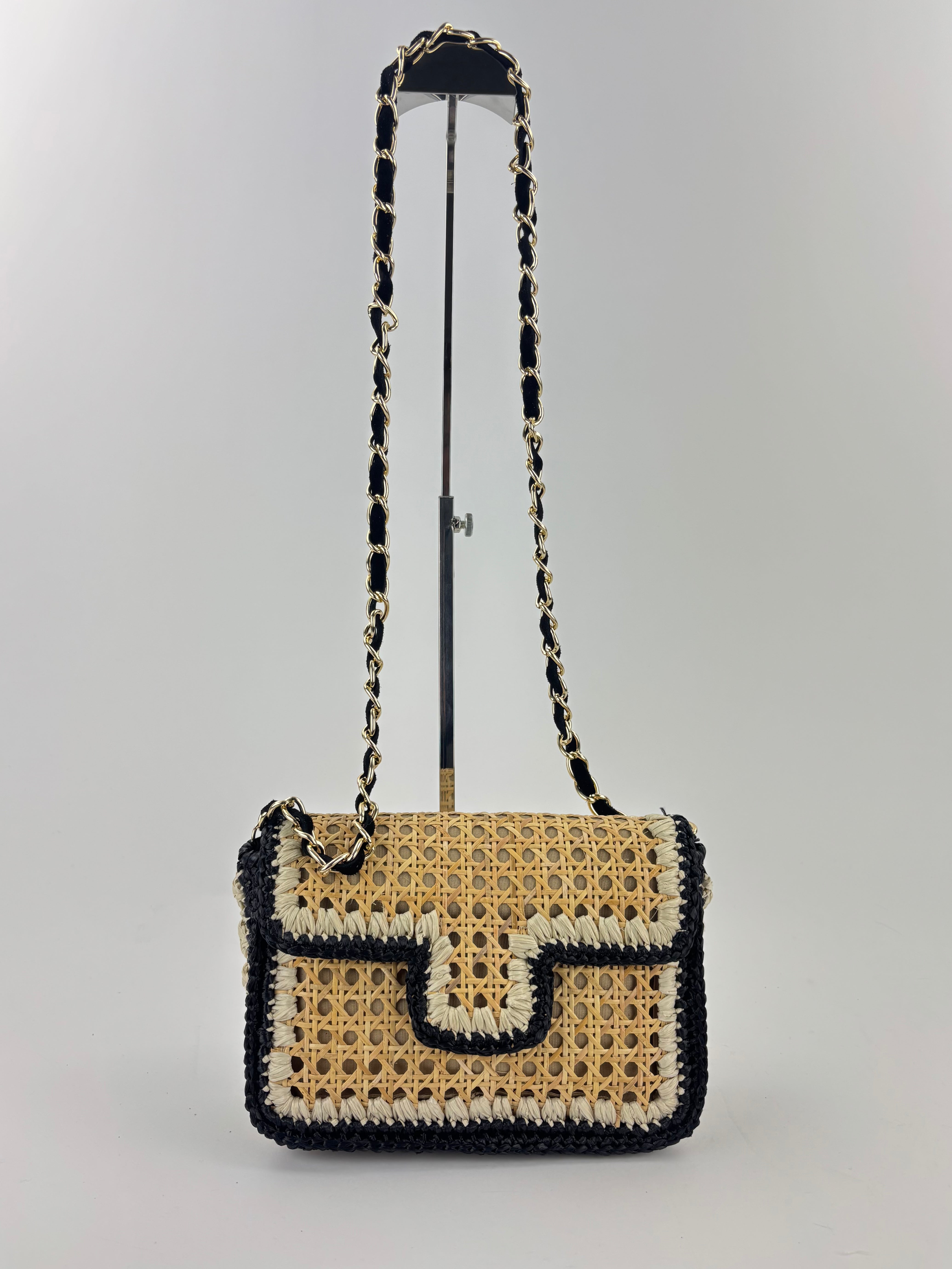 Straw Caning Flap Shoulder Bag in Black and White Crochet - Big Bag NY
