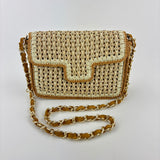 Straw Caning Flap Shoulder Bag in Beige and Tan Crochet - Big Bag NY