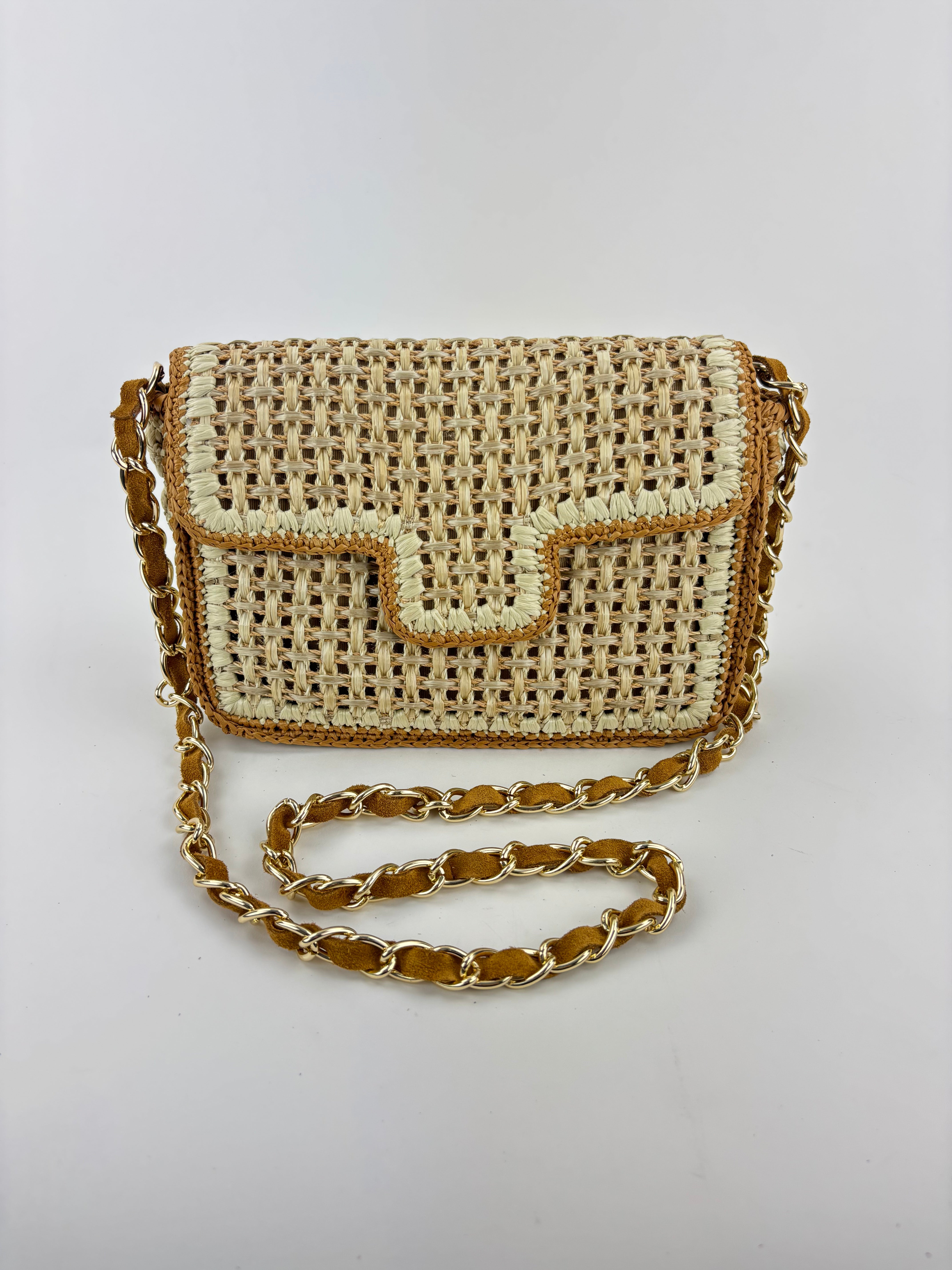 Straw Caning Flap Shoulder Bag in Beige and Tan Crochet - Big Bag NY