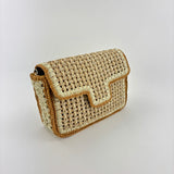 Straw Caning Flap Shoulder Bag in Beige and Tan Crochet - Big Bag NY