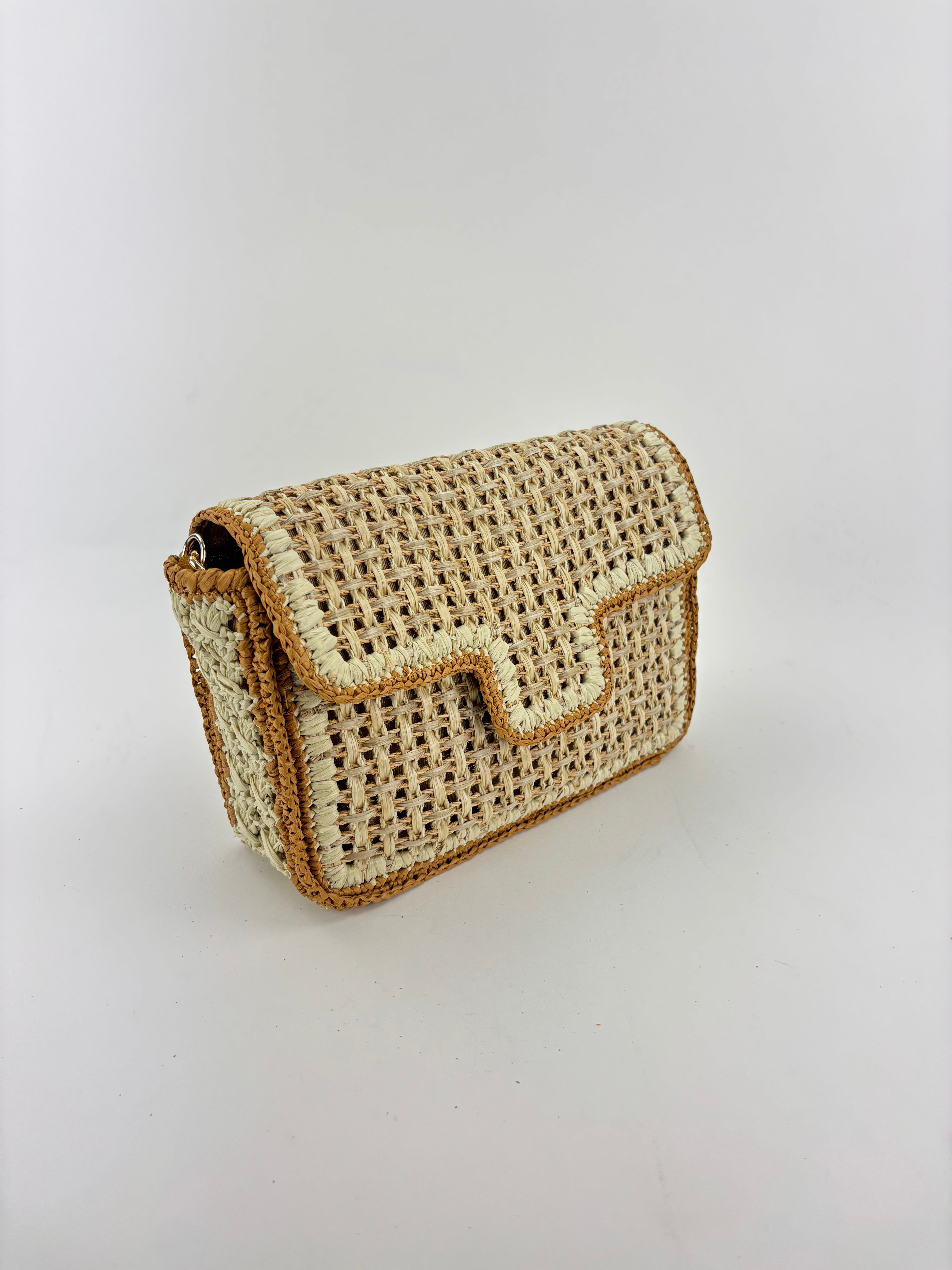 Straw Caning Flap Shoulder Bag in Beige and Tan Crochet - Big Bag NY