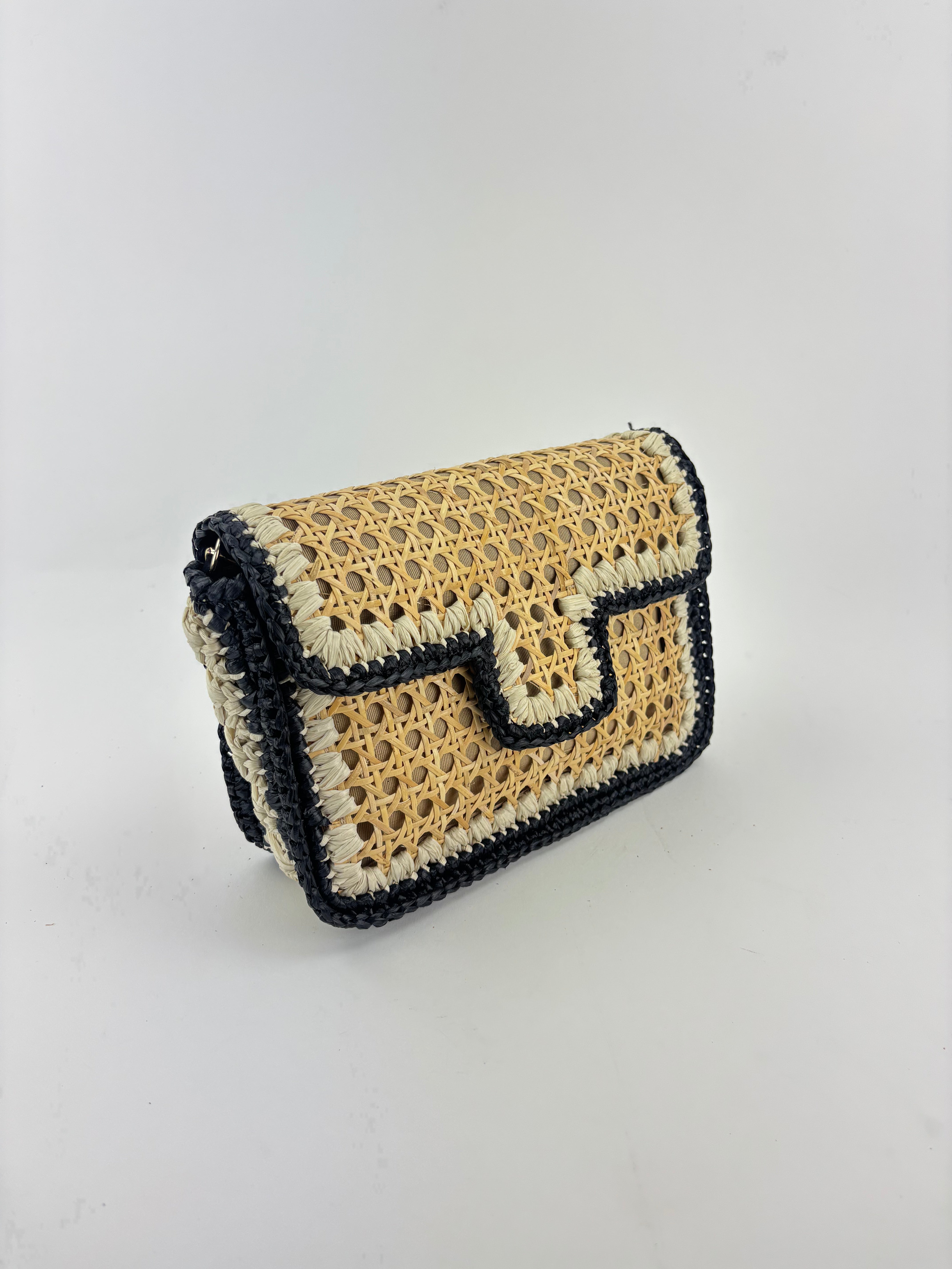 Straw Caning Flap Shoulder Bag in Black and White Crochet - Big Bag NY