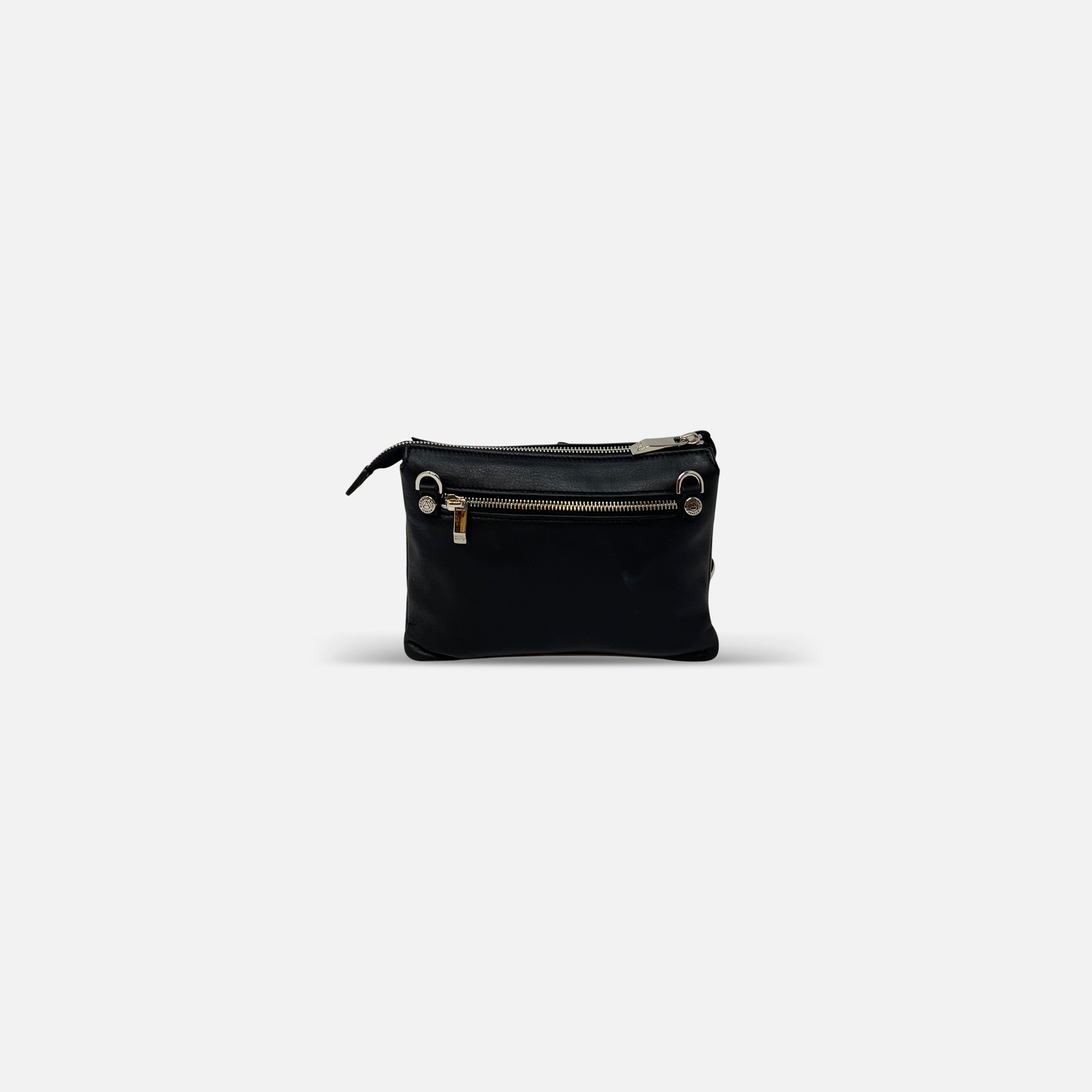 Small Leather Twin Pouch with Silver Crossbody Black - Big Bag NY