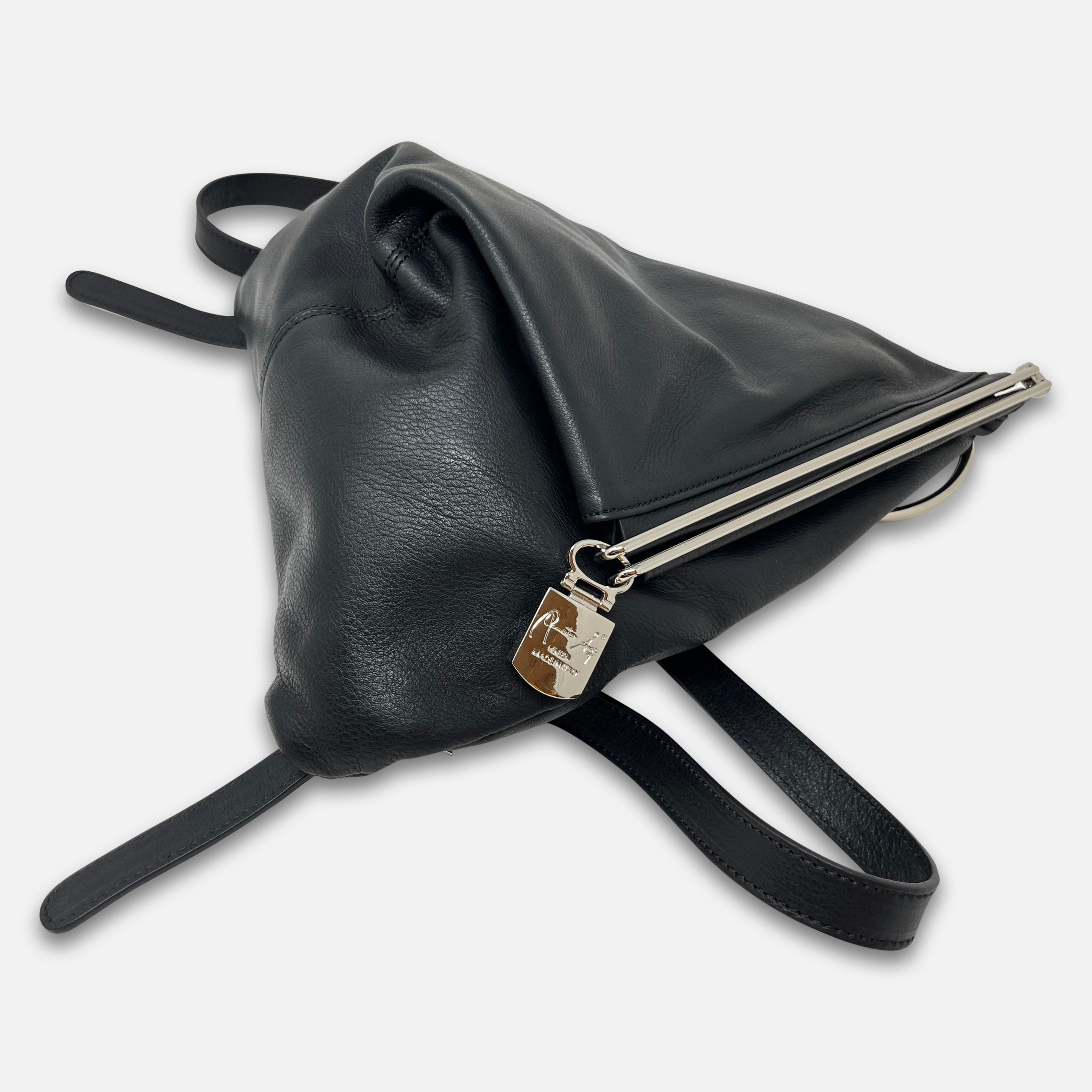 Renato Angi Slide Lock Fold Over Backpack in Black - Big Bag NY