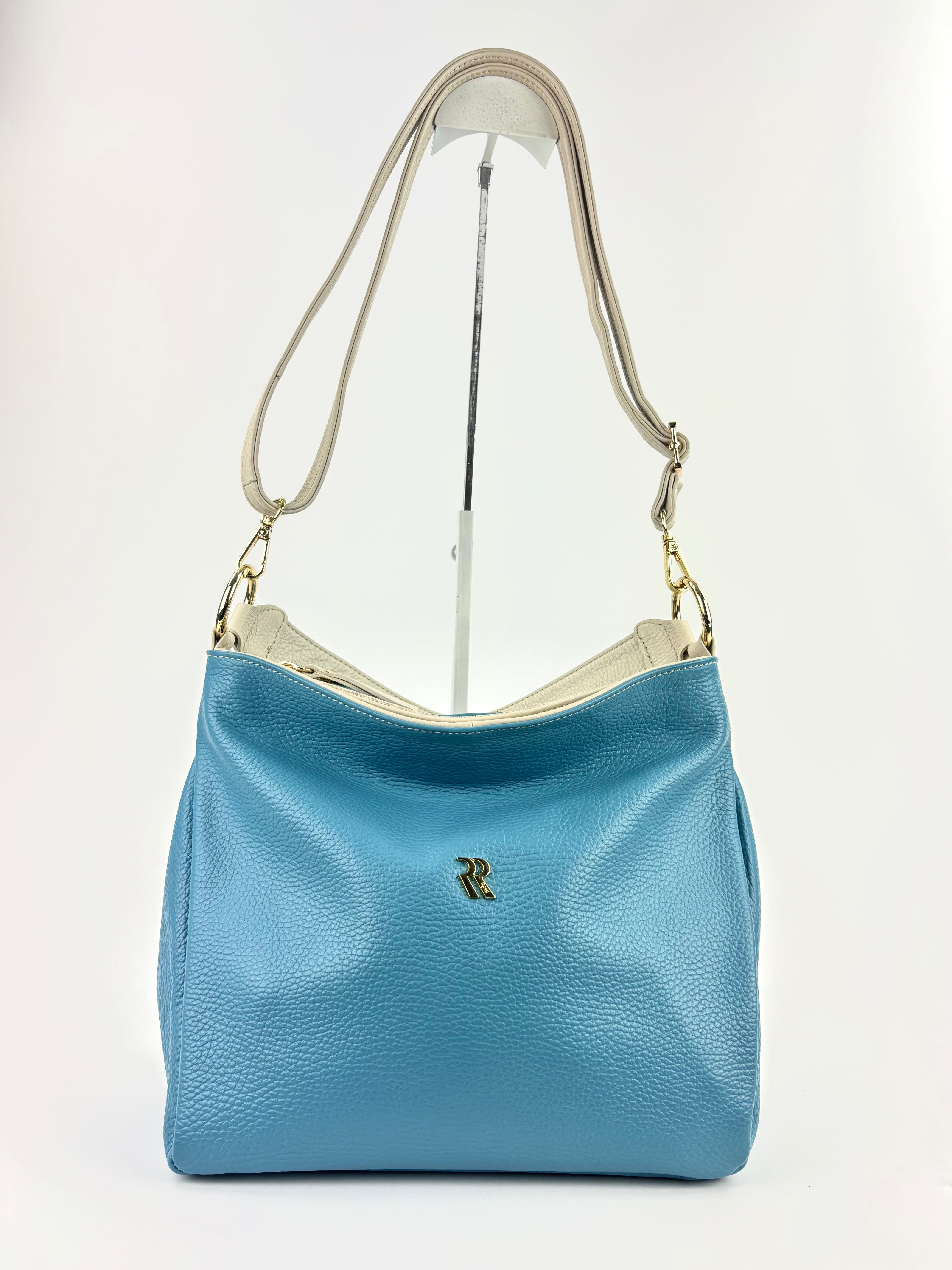 Contrast Trim Medium Bucket Bag Light Blue White - Big Bag NY