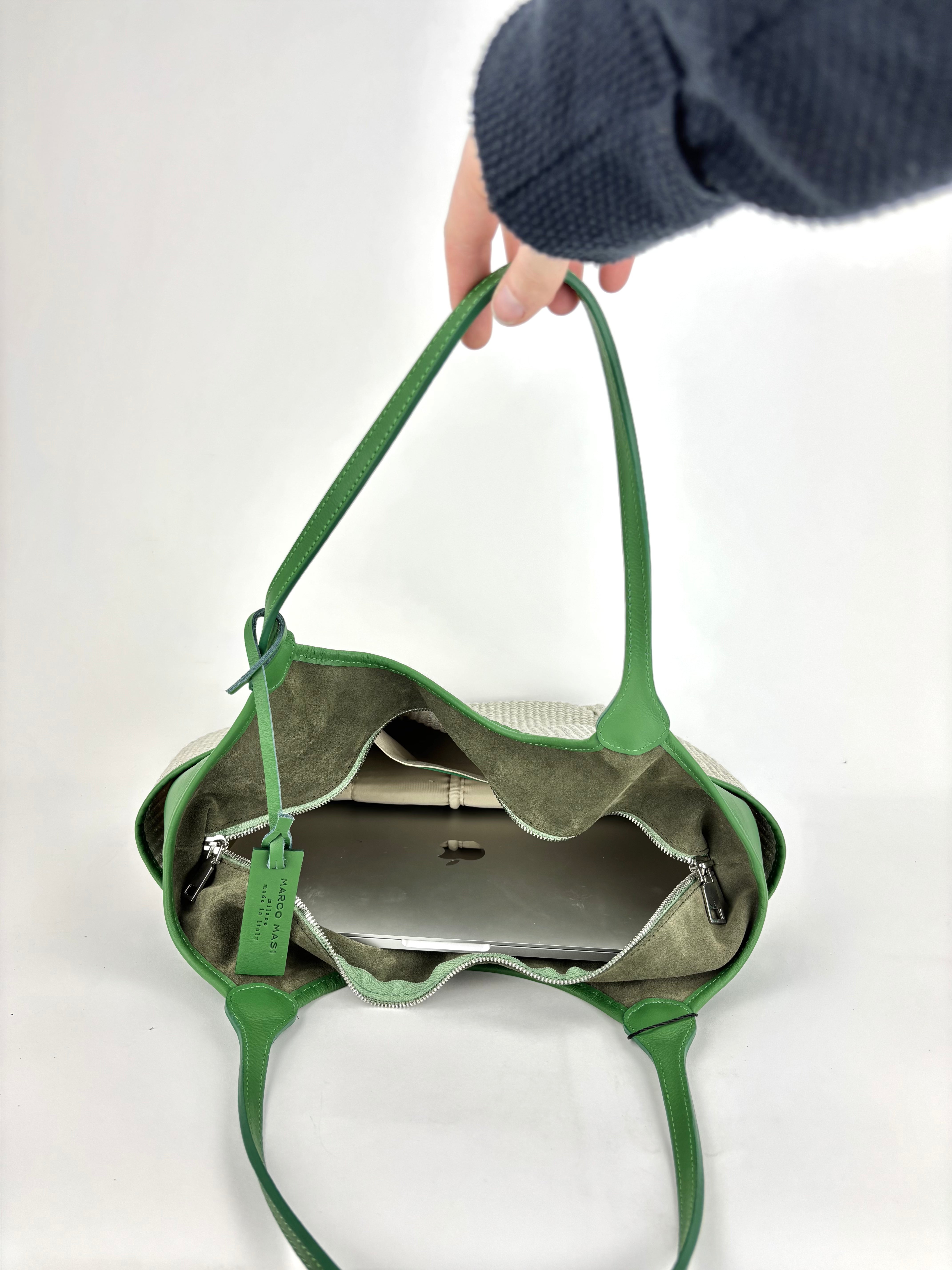 Marco Masi Small Raffia Zip Tote with Leather Side Pockets Green - Big Bag NY
