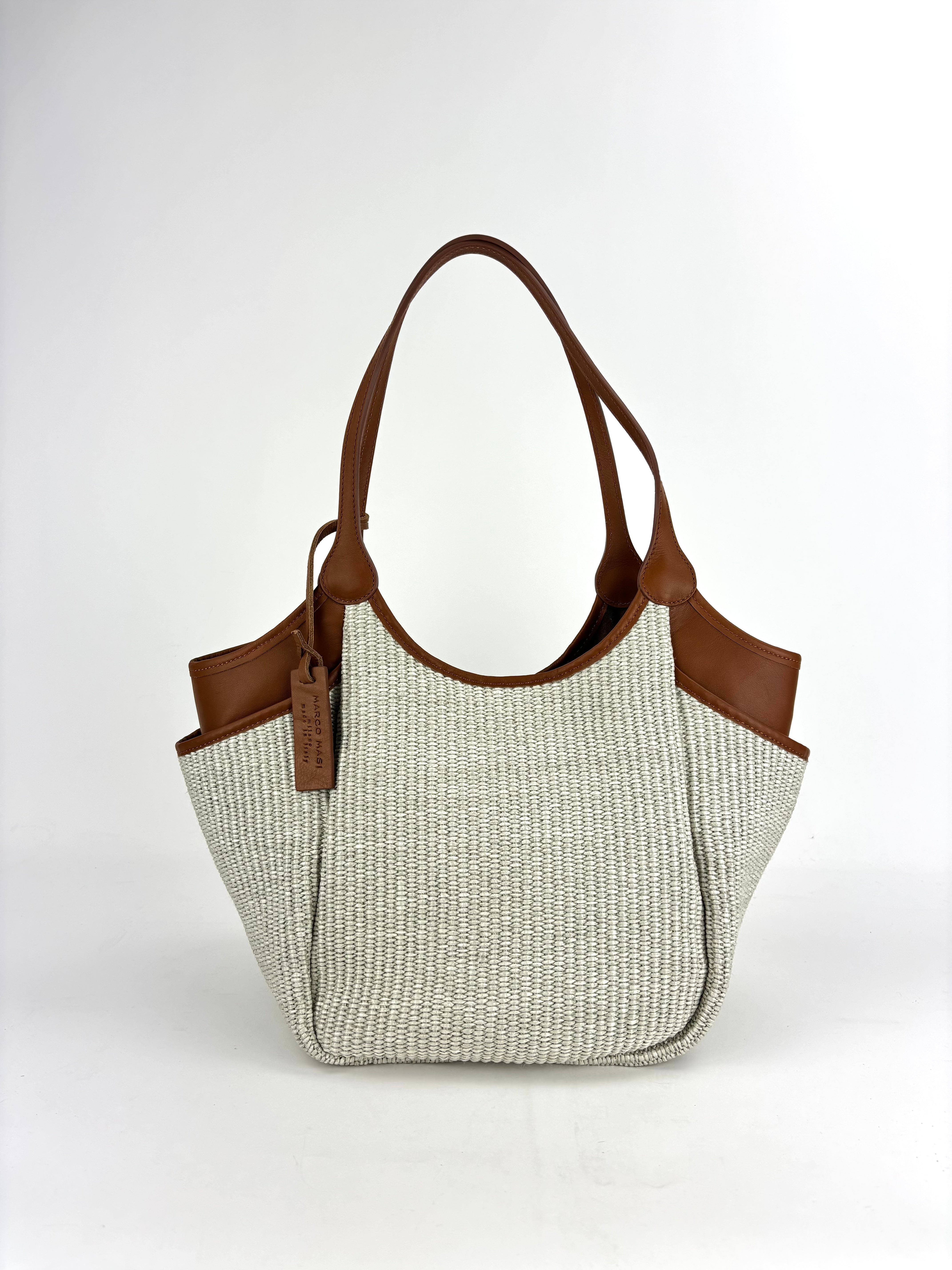 Marco Masi Small Raffia Zip Tote with Leather Side Pockets Tan - Big Bag NY