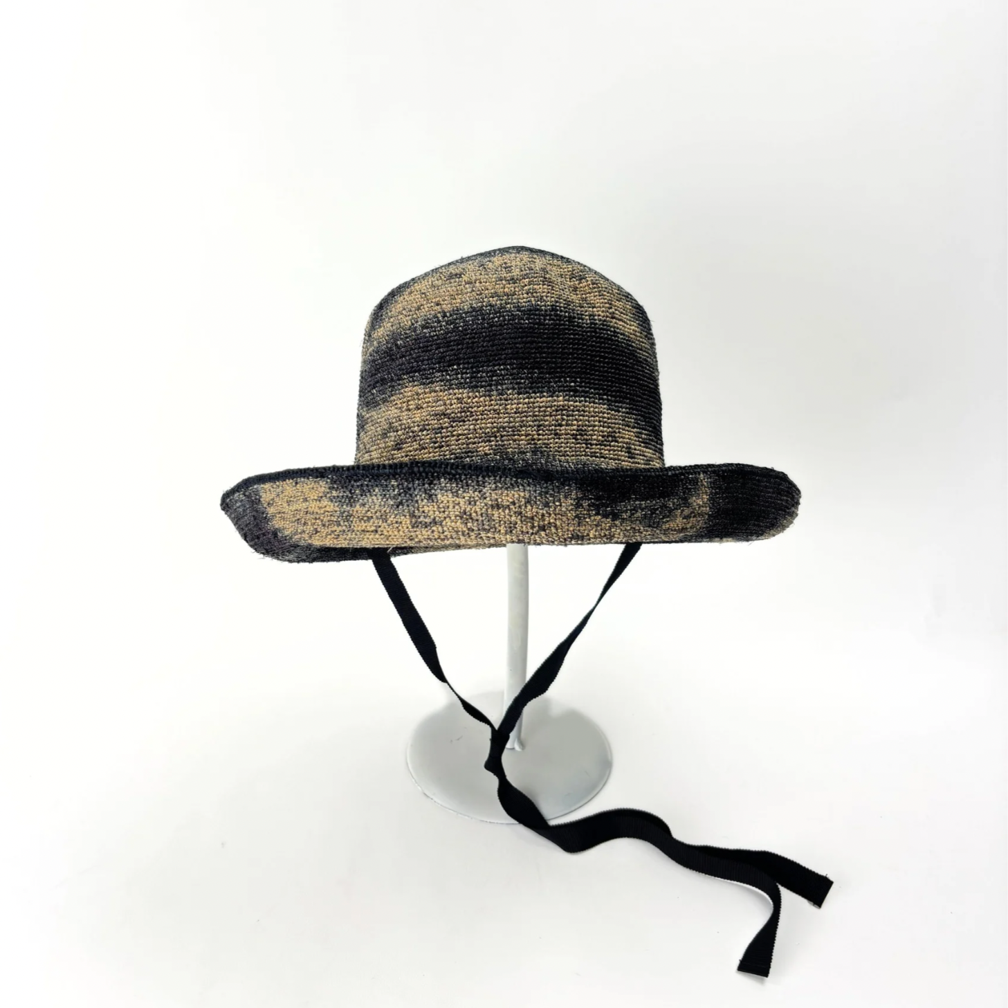 PCNQ CLEO Raffia Round Raffia Sun Hat in Grey with Black RIbbon Ties - Big Bag NY