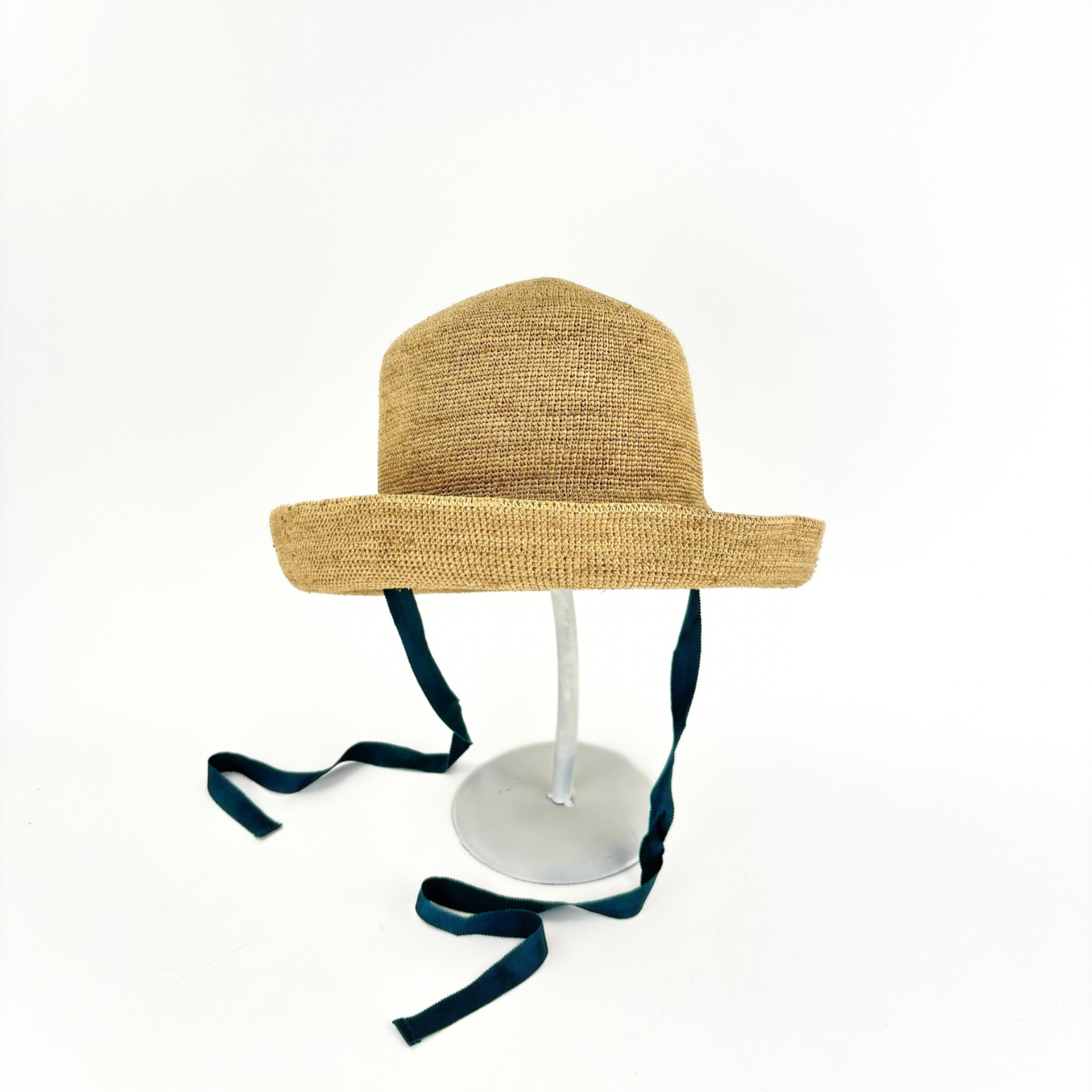 PCNQ CLEO Raffia Round Raffia Sun Hat with Green Ribbon Ties - Big Bag NY