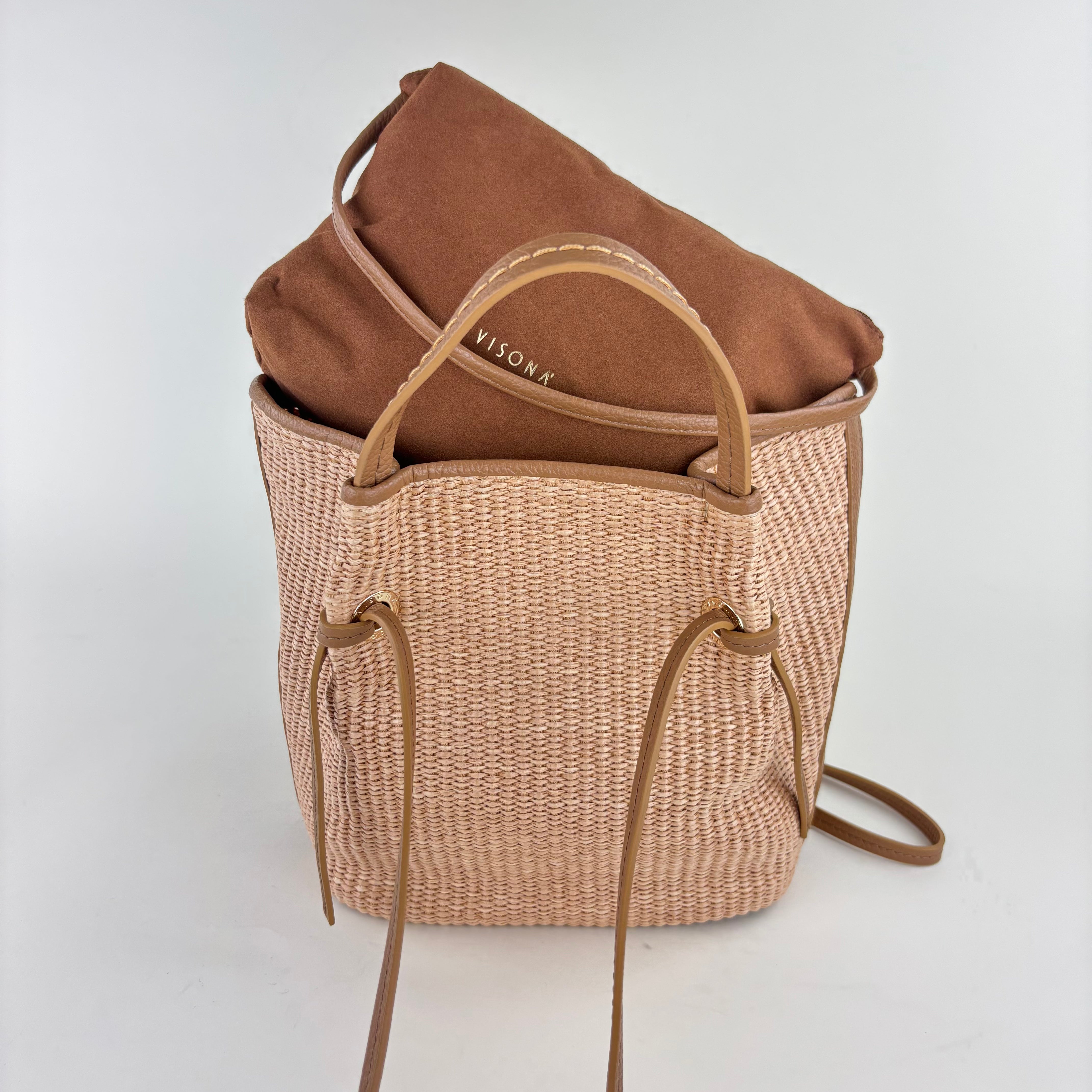 Plinio Visona Paglia Medium Raffia Double Handle Tassel Tote Tan - Big Bag NY
