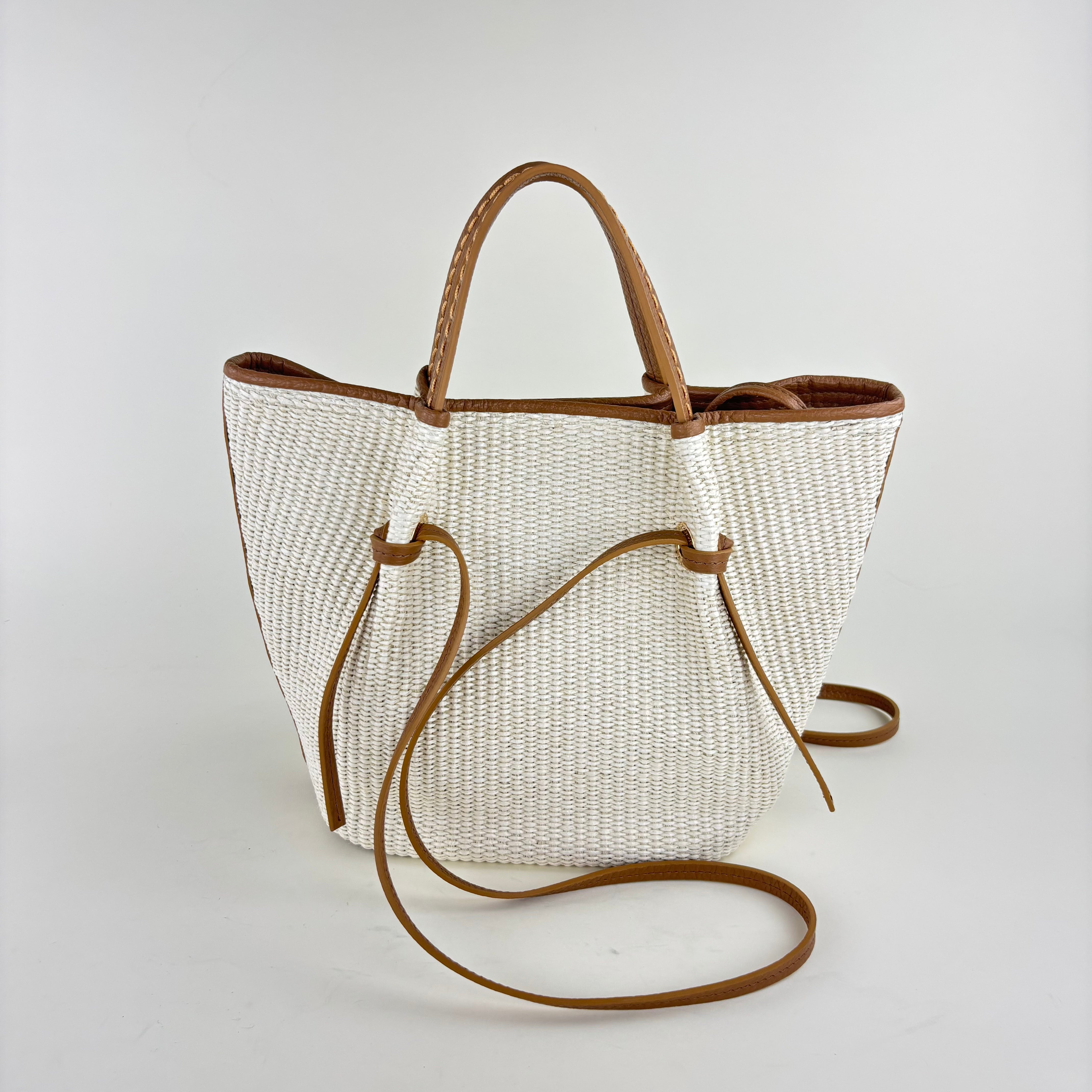 Plinio Visona Paglia Medium Raffia Double Handle Tassel Tote White - Big Bag NY