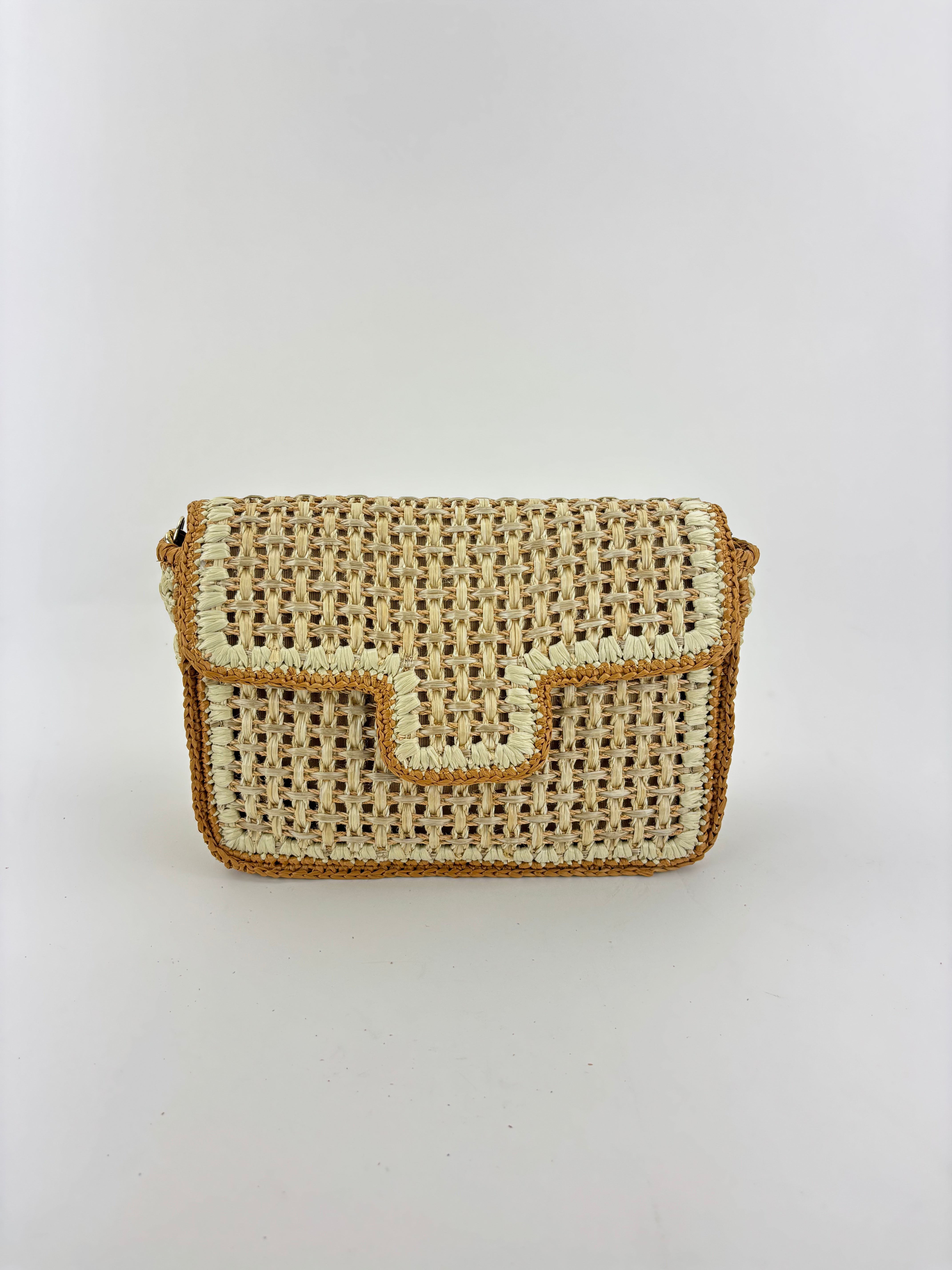 Straw Caning Flap Shoulder Bag in Beige and Tan Crochet - Big Bag NY