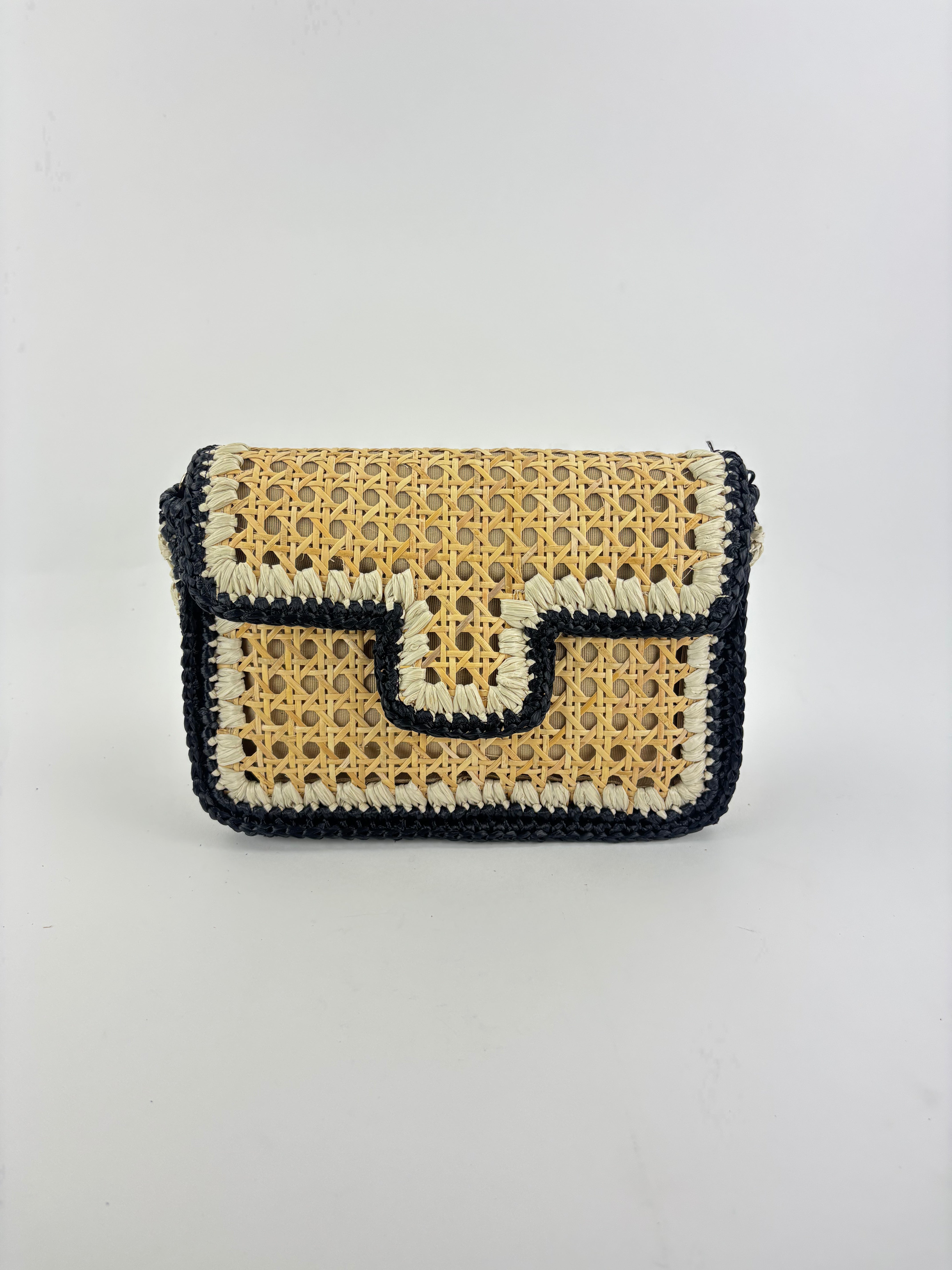 Straw Caning Flap Shoulder Bag in Black and White Crochet - Big Bag NY