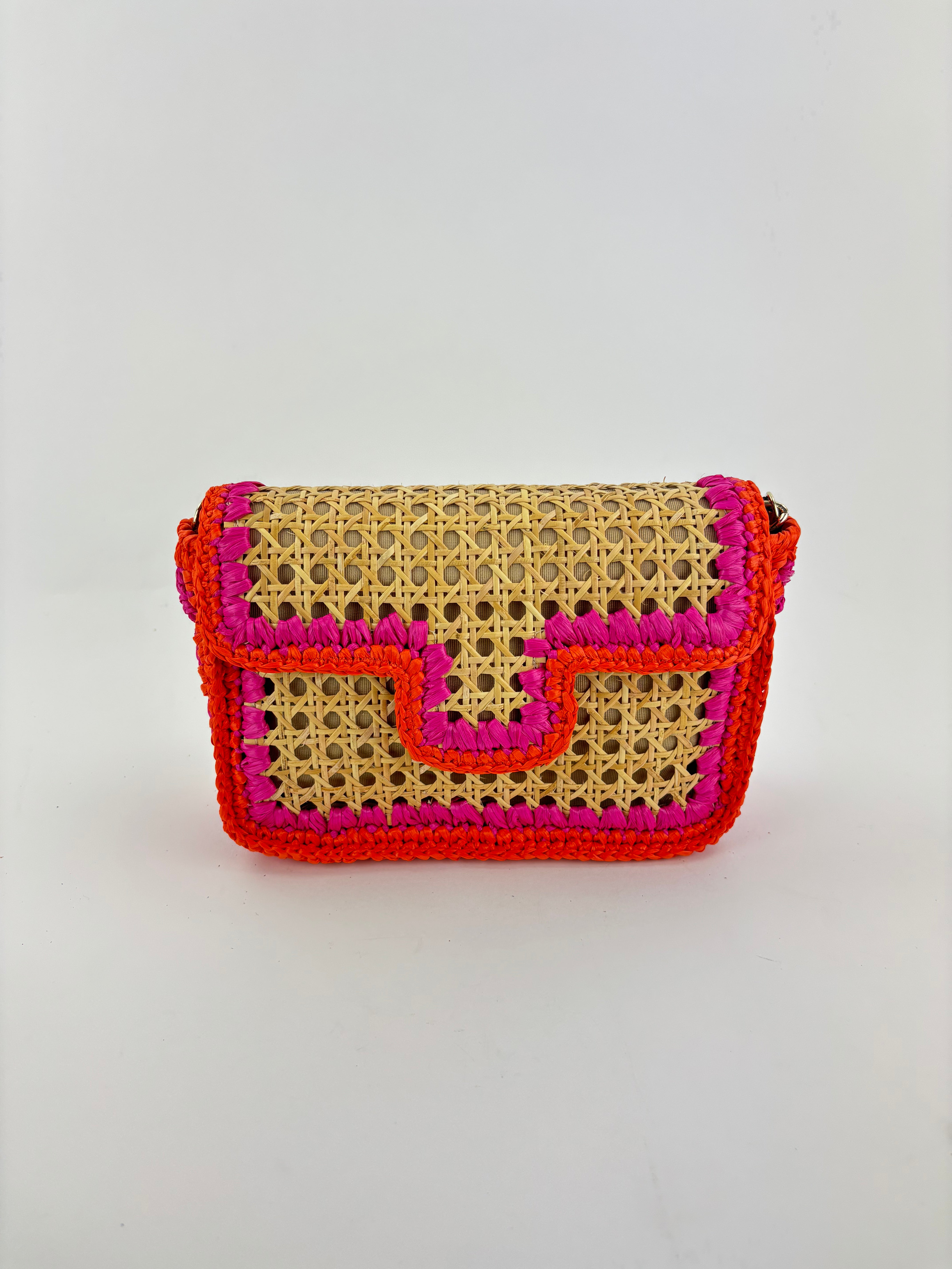 Straw Caning Flap Shoulder Bag in Pink and Orange Crochet - Big Bag NY