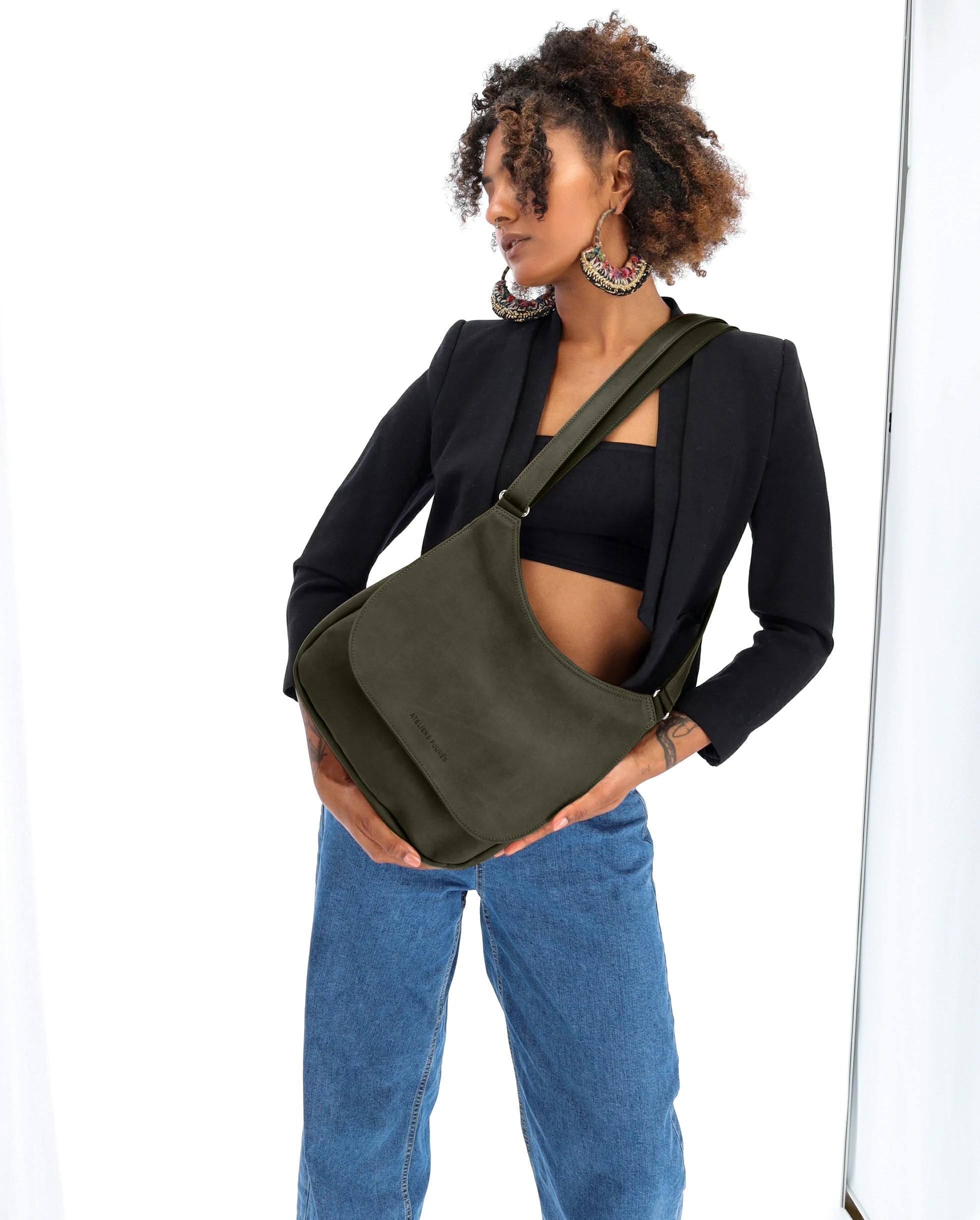 Ateliers Foures ARTEMIS medium Crossbody Bag with Flap B 314 Kaki Olive - Big Bag NY