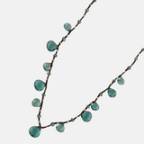 Aquamarine Brown Silk Cord Necklace with Blue Zircon Drops