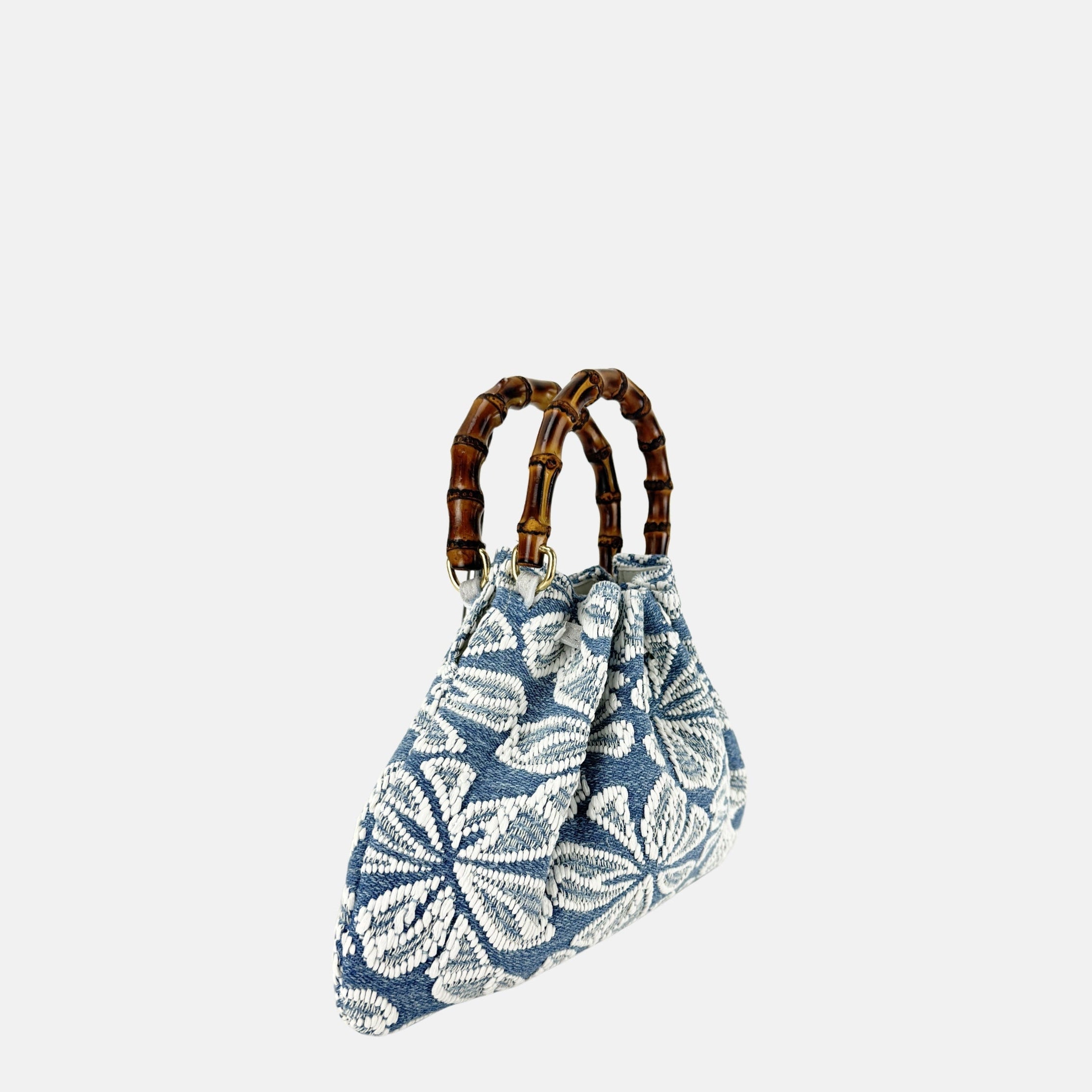 Caterina Bertini Small Bamboo Handle Shoulder Bag in Blue and White Floral - Big Bag NY